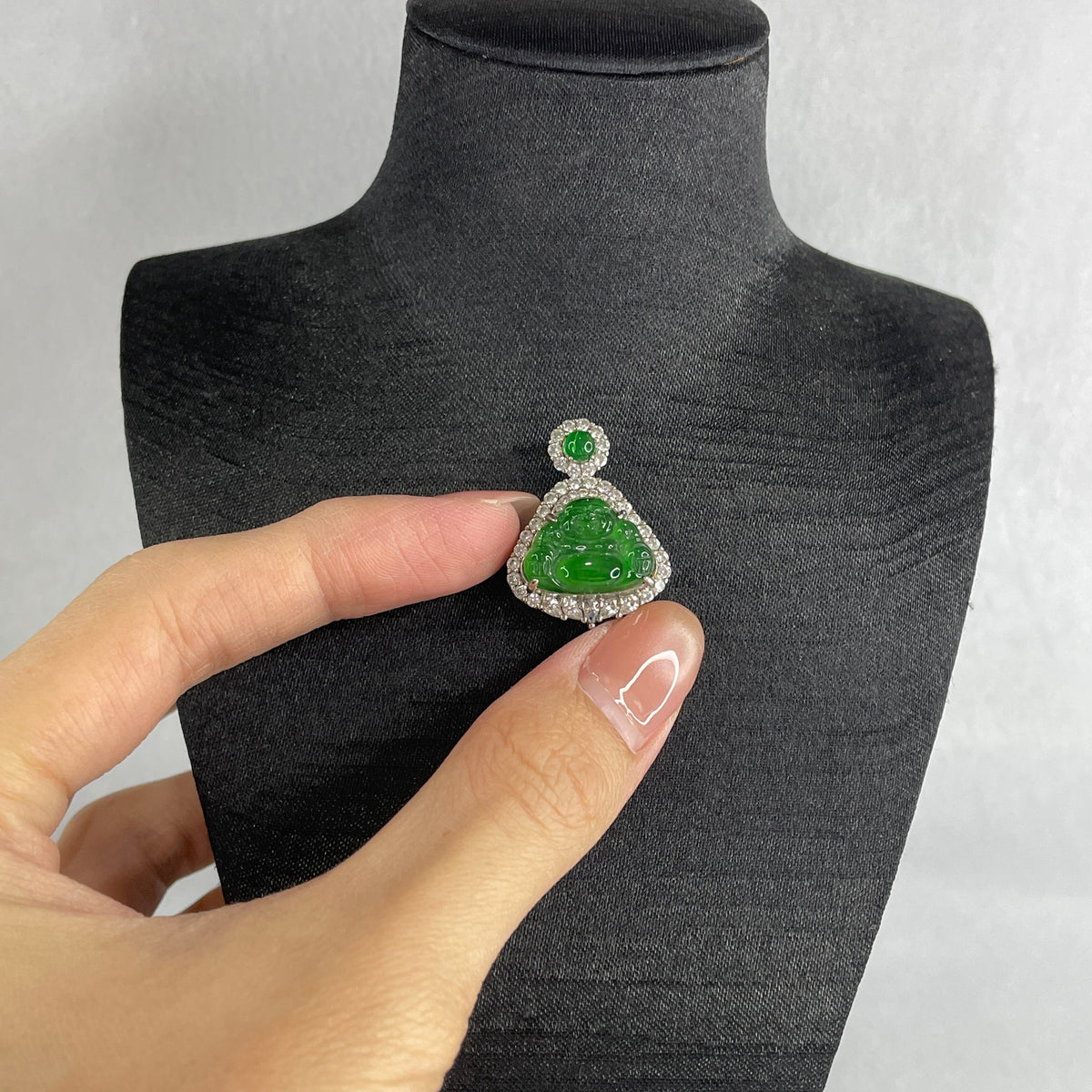 Natural Type A Omphacite Spicy Green Jadeite Milo Buddha Pendant in S925 Silver | (4.47g | 12.5 x 16.5 x 3.0mm | Power Catalyst, Laughing Buddha Joy & Fortune Anchor, Feng Shui Harmony & Abundance Pendant) - Huangs Jadeite and Jewelry Pte Ltd