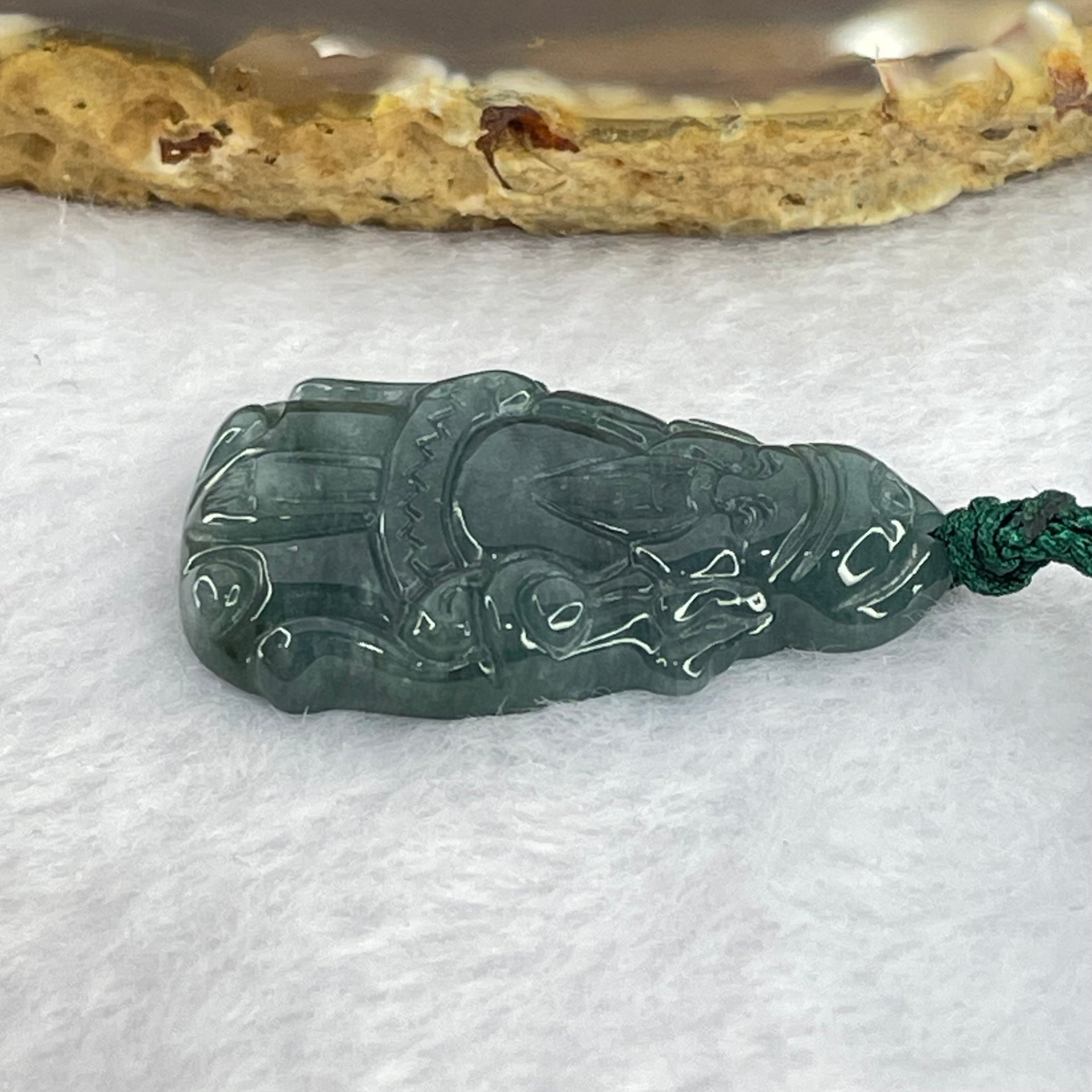 Type A Dark Blueish Green Jadeite Cai Shen Ye God of Fortune Pendant 8.37g 34.2 by 21.6 by 5.0mm - Huangs Jadeite and Jewelry Pte Ltd