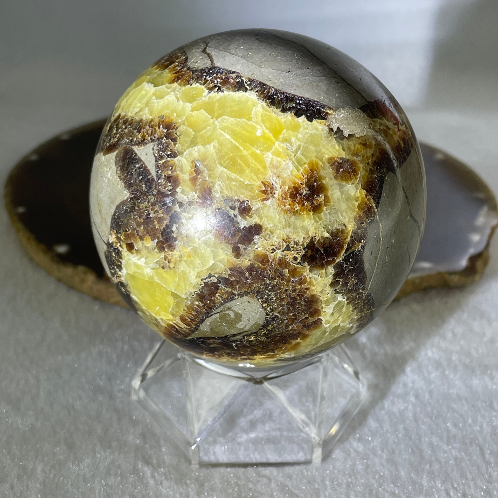 Natural Septarian Stone Ball with Clear Acrylic Display 603.31g 75.0 by 95.0mm - Huangs Jadeite and Jewelry Pte Ltd