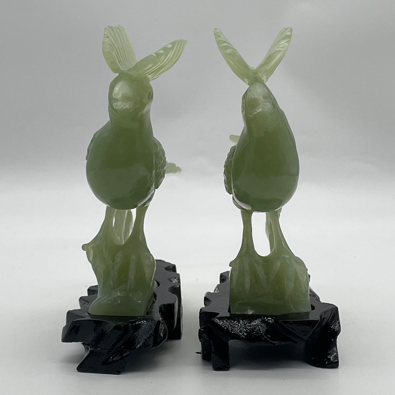 Natural Green Serpentine Pai of Bird with Wooden Stand Display 627.8g Each About 155.0 by 60.0 by 145.0mm