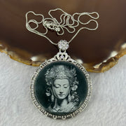 Type A Dark Blueish Green Jadeite Guan Yin 37.3 by 2.0mm with Crystals Pendant in S925 Sliver Necklace 15.30g - Huangs Jadeite and Jewelry Pte Ltd