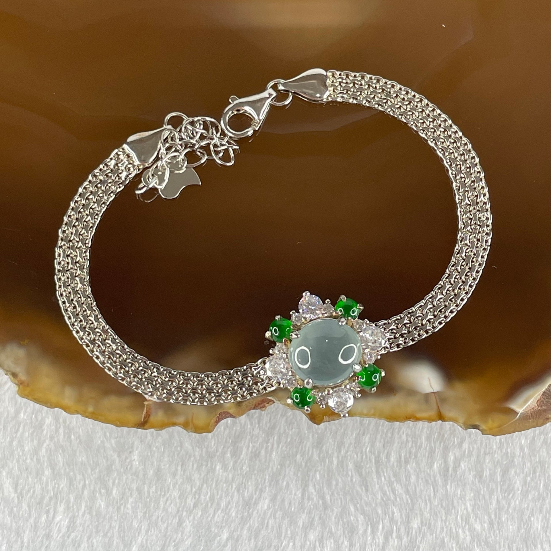 Type A Icy Blueish Green Jadeite Cabochon With Crystals in S925 Sliver Bracelet 5.02g 7.6 by 4.0mm - Huangs Jadeite and Jewelry Pte Ltd