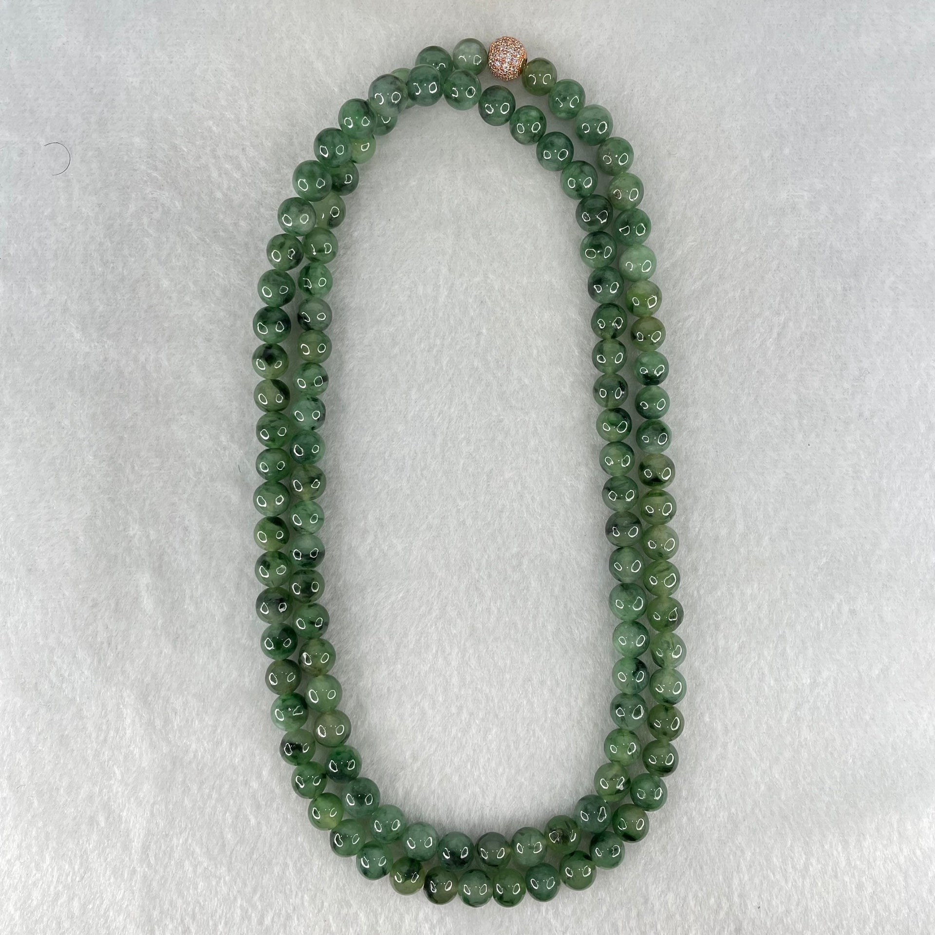 Type A Green with Dark Green Piao Hua Jadeite Beads Necklace 70.43g 76cm 7.5mm 108 Beads - Huangs Jadeite and Jewelry Pte Ltd