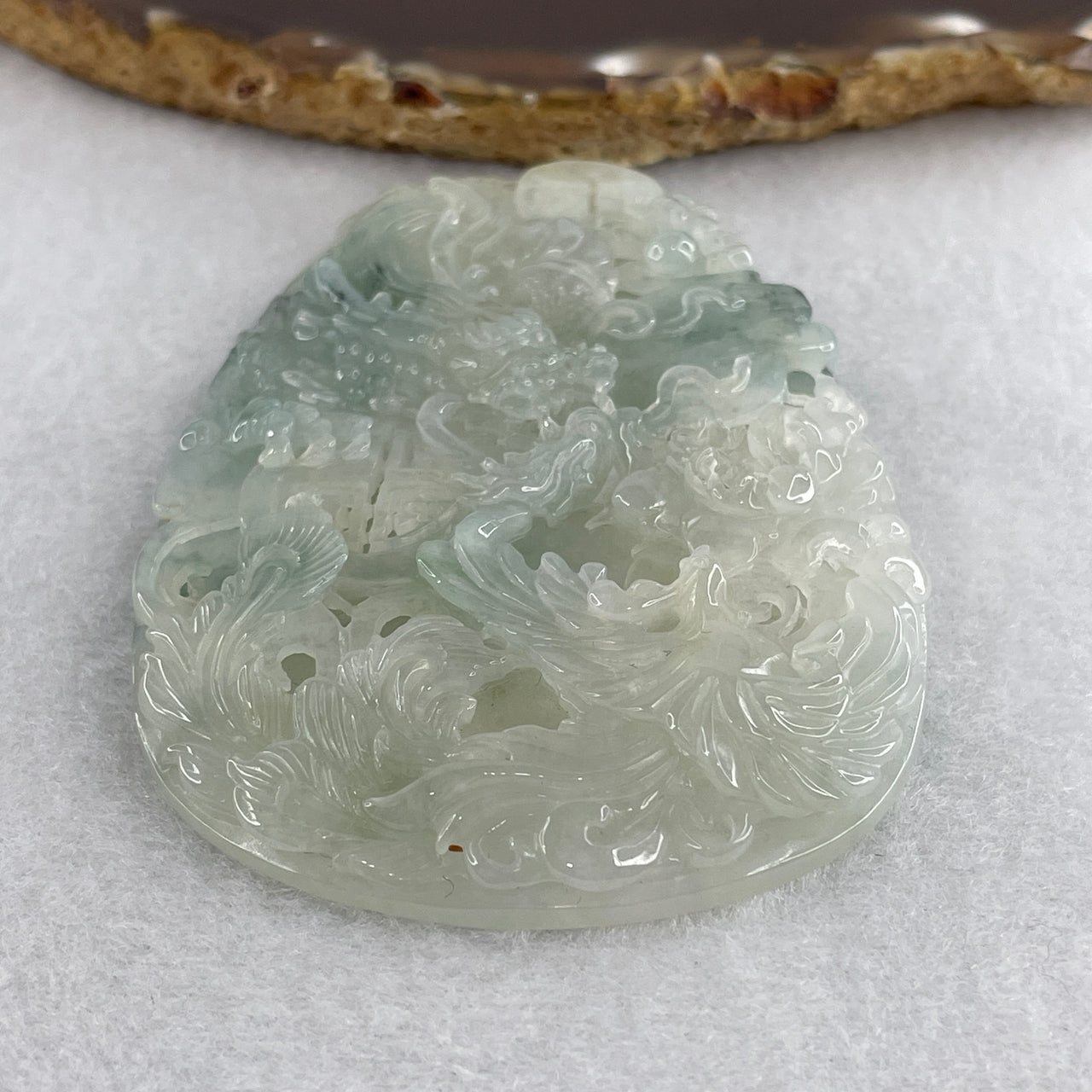 Natural Type A Jelly Faint Green to Green with Blueish Green Jadeite Dragon & Phoenix Pendant | Untreated Fei Cui Imperial Harmony Plaque (78.95g | 82.1mm x 57.0mm x 10.0mm)