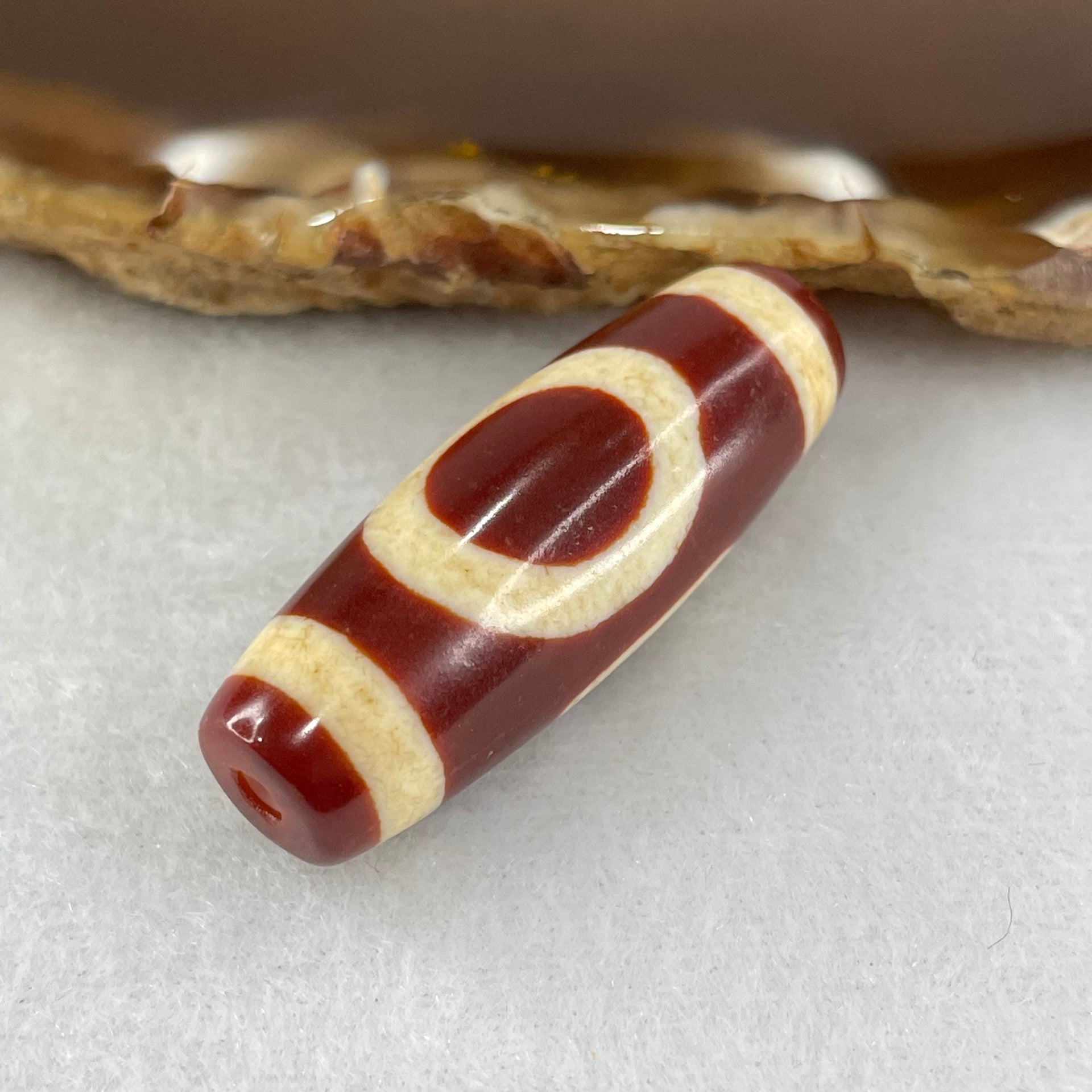 Natural Powerful Tibetan Old Oily Red White Agate One Eye Fire Sign Dzi Bead Heavenly Master (Tian Zhu) 一眼火天珠 10.41g 38.0 by 13.3mm - Huangs Jadeite and Jewelry Pte Ltd