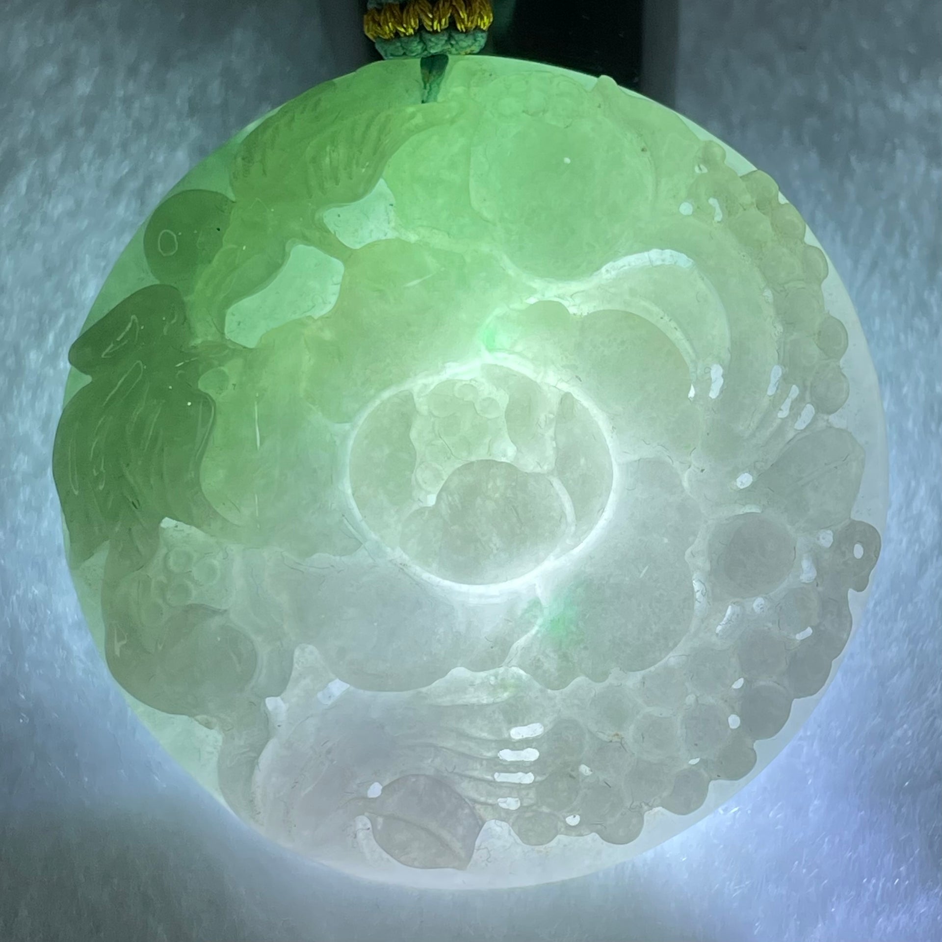 Grandmaster Type A Lavender Green Jadeite Twin Bird And Flower Pendant 喜上眉梢 63.42g 52.5 by 52.5 by 12.1mm - Huangs Jadeite and Jewelry Pte Ltd