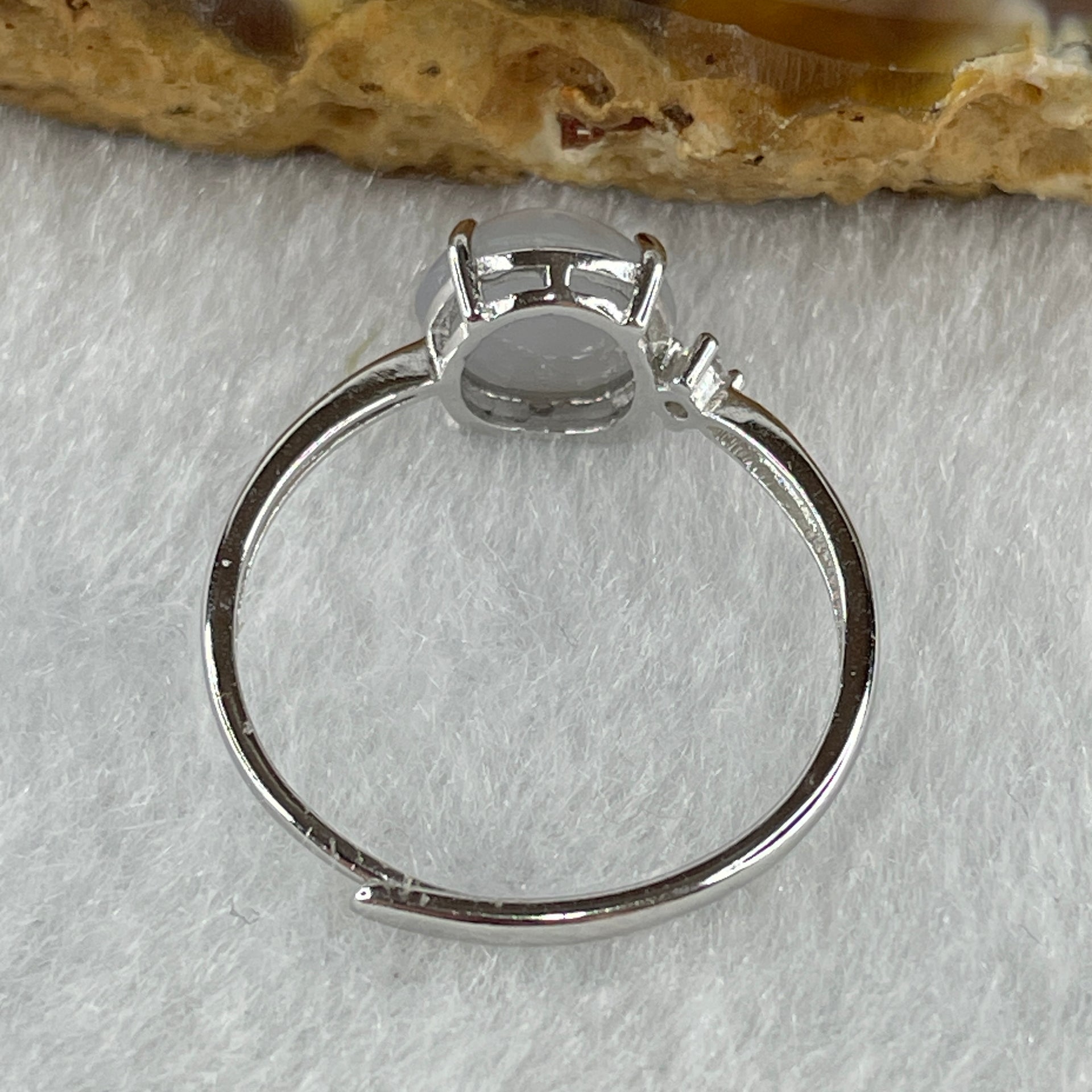 Natural Type A Semi Icy Faint Lavender Jadeite Round Shape Cabouchon in S925 Silver Ring (Adjustable Size) 1.33g 7.7 by 4.5mm - Huangs Jadeite and Jewelry Pte Ltd