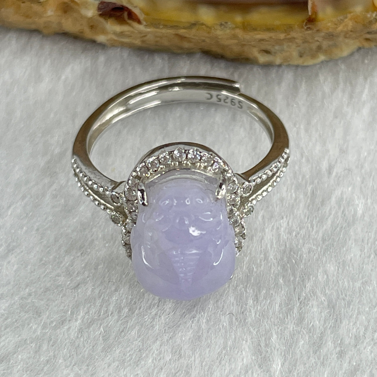 Certified Natural Type A Lavender Jadeite Pixiu with Cubic Zirconia in S925 Silver Ring (Adjustable Size) 3.352g 11.0 by 8.6 by 6.5mm