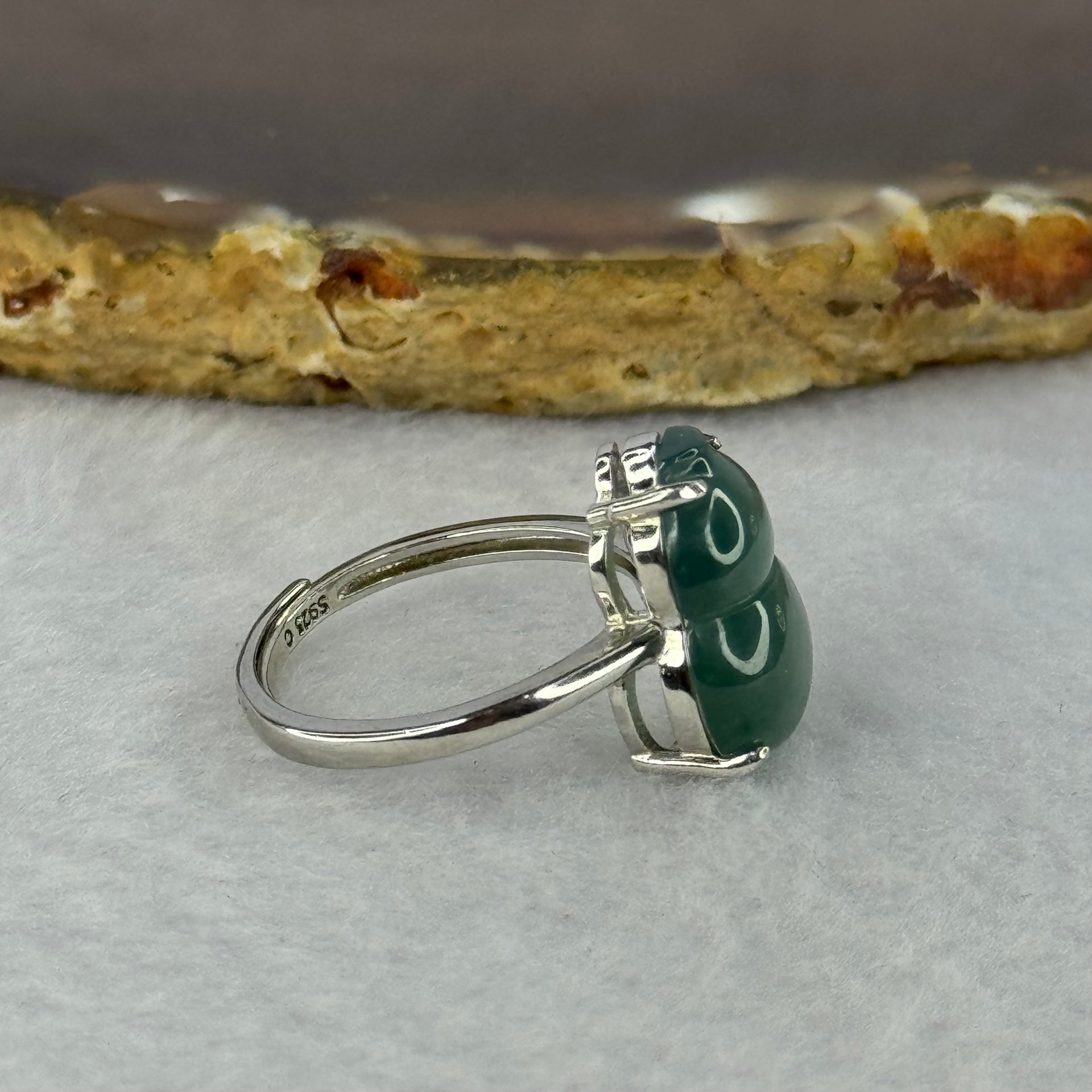 Type A Icy Blueish Green Jadeite Hulu with Crystals in S925 Sliver Ring (Adjustable Size) 3.42g 15.2 by 11.0 by 4.5mm - Huangs Jadeite and Jewelry Pte Ltd