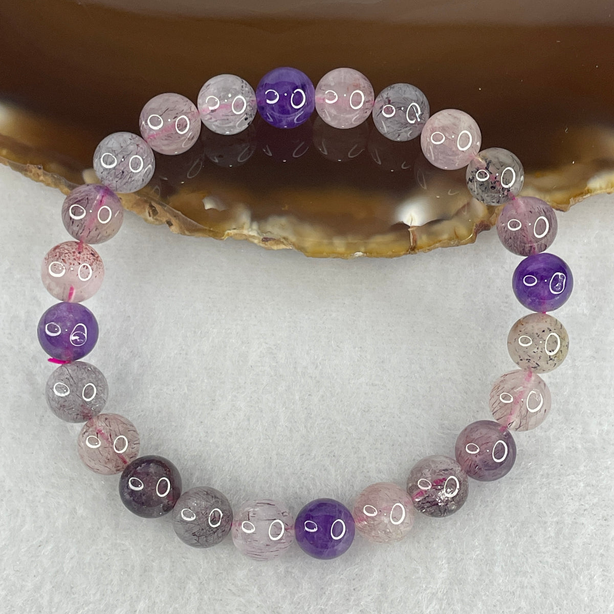 Certified Above-Average Grade Natural Super 7 Crystal Beads Bracelet | High-Density Petite Stackable Strand | Authentic Sacred Seven Multi-Mineral Inclusions Quartz Spiritual Catalyst & Auric Shield Bracelet (15.23g | 15cm Length | 7.8mm | 24 Beads)