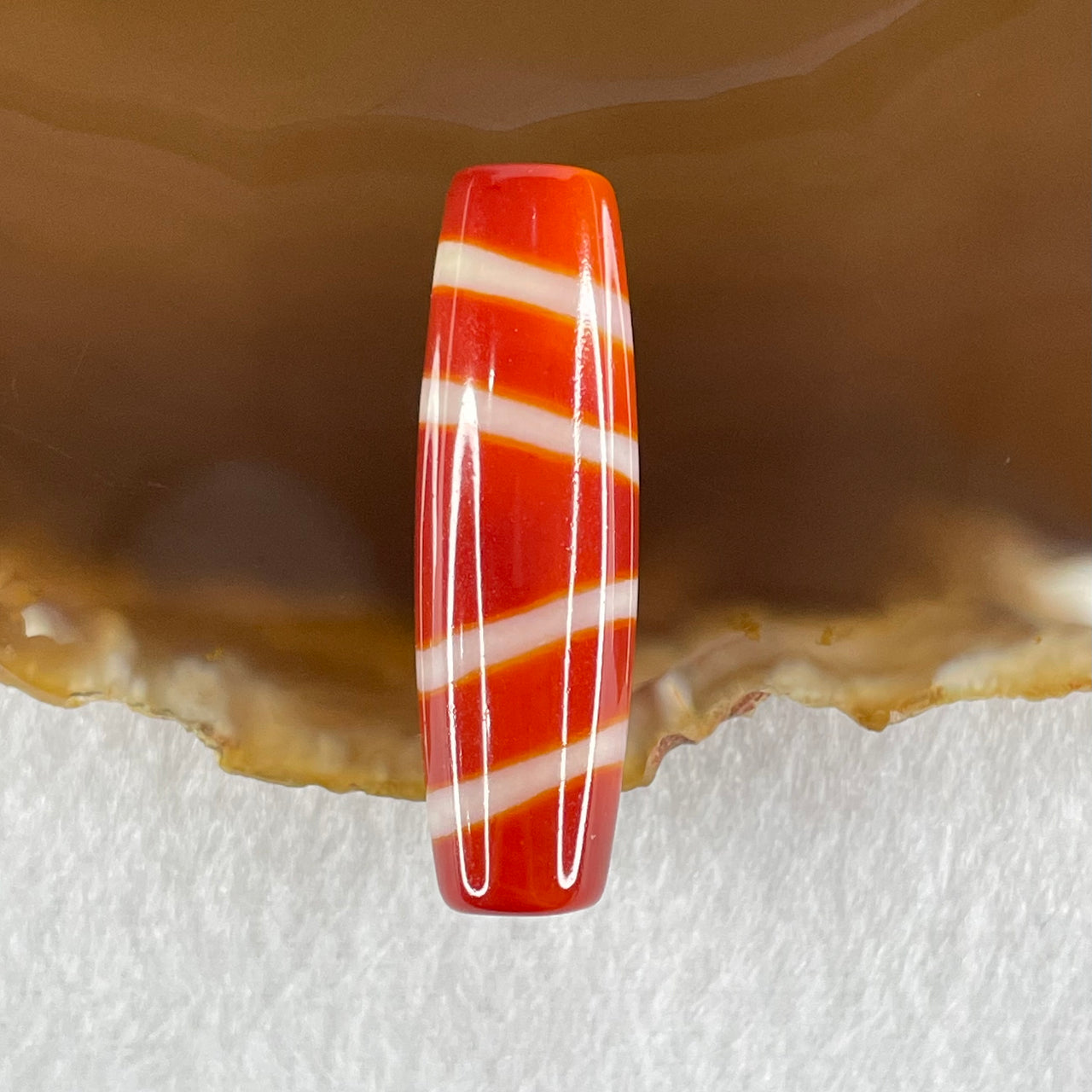 Natural Powerful Tibetan Old Oily Red White Agate 4 Lines Bead Heavenly Master (Tian Zhu) 8.73g 39.3 by 11.7mm - Huangs Jadeite and Jewelry Pte Ltd