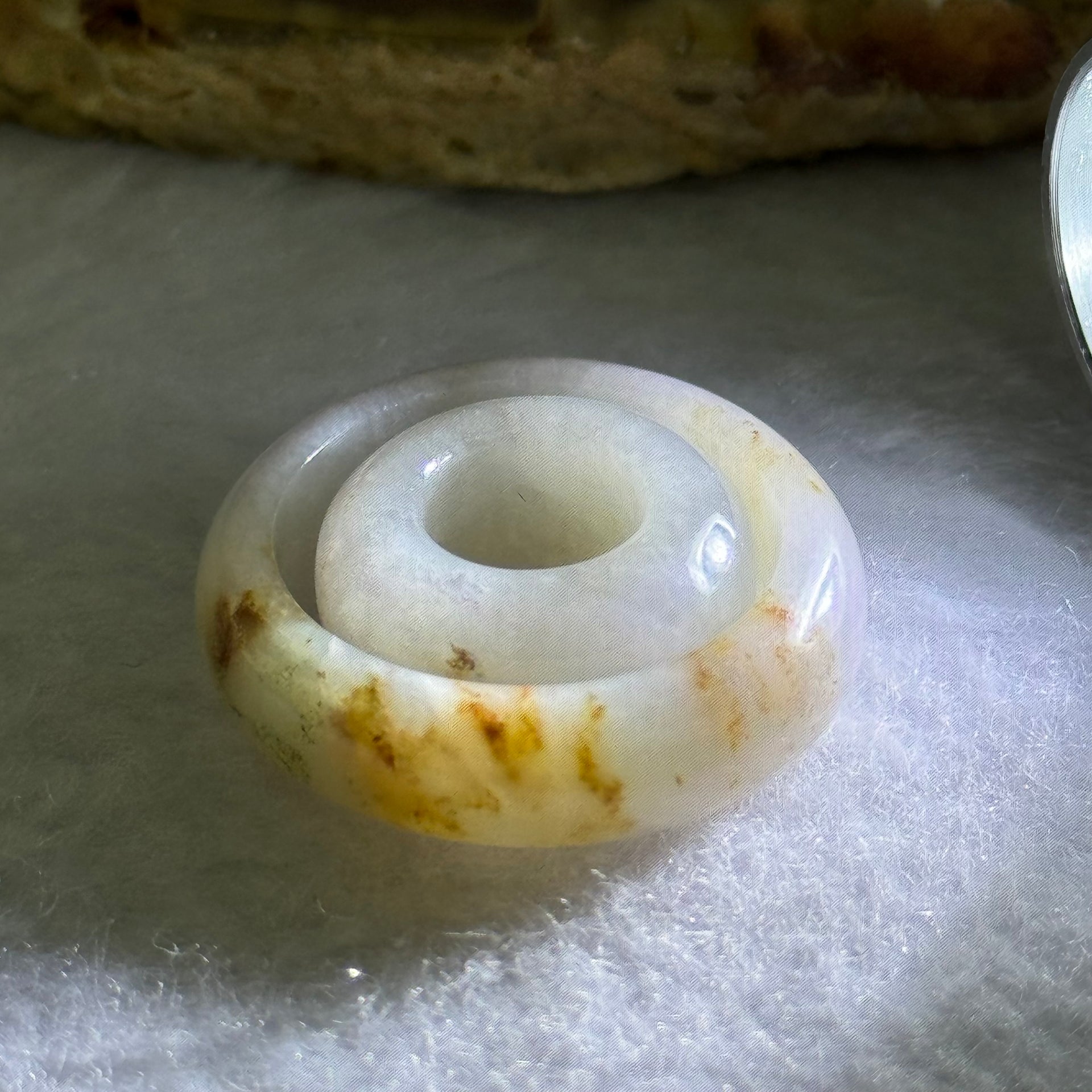 Type A Lavender with Brown and Green Patches Jadeite Ring 6.8 by 3.4mm with Mini Donut Ping An Kou 7.9mm by 4.2mm Total 7.13g US8.25 HK18.5 - Huangs Jadeite and Jewelry Pte Ltd