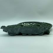 Natural Dark Green Nephrite 3 Prawns in Net with Wooden Display 2,568.0g 280.0 by 95.0 by 270.0mm - Huangs Jadeite and Jewelry Pte Ltd