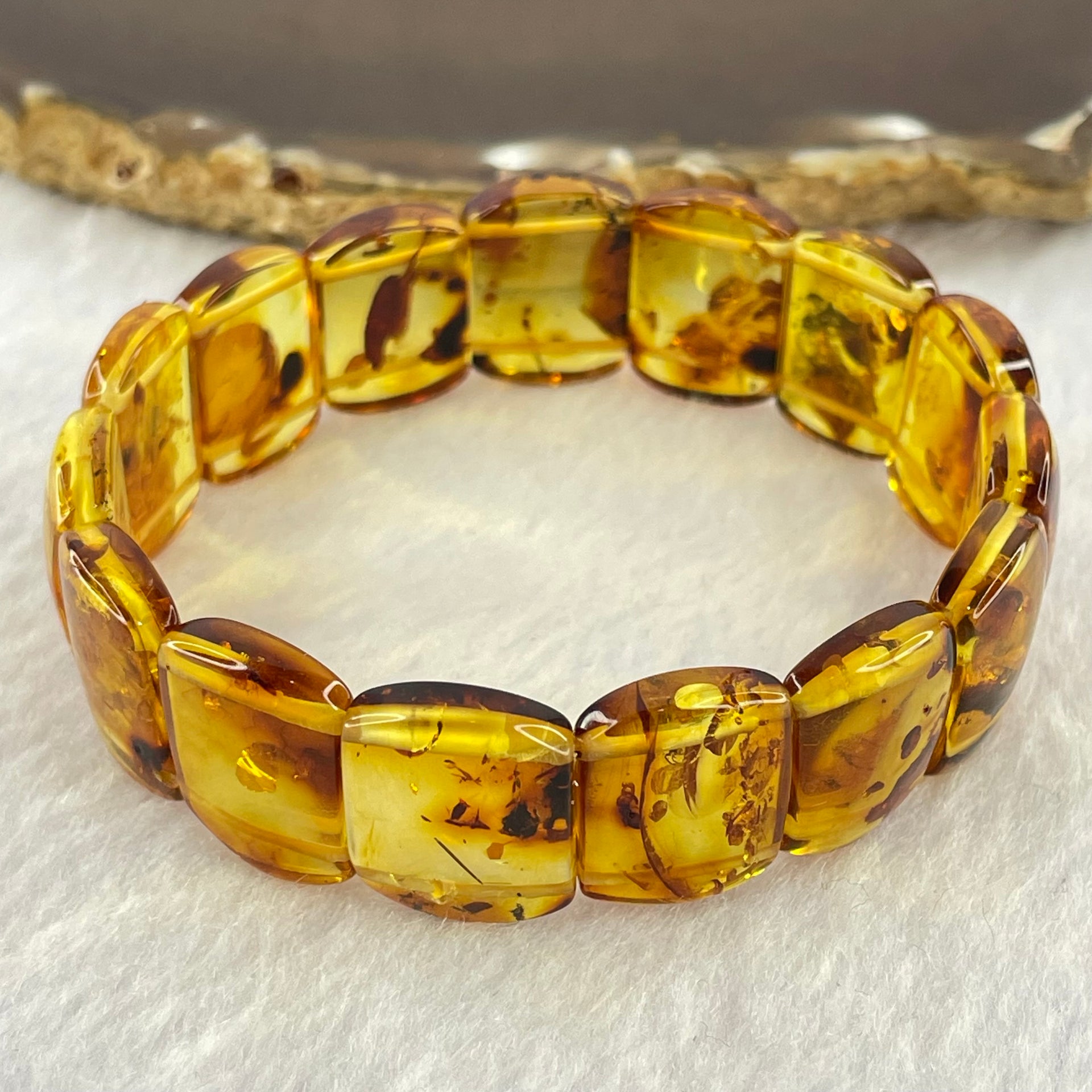 Natural Yellow Flower Amber Shou Pai Bracelet 天然花珀手牌手链 14.27g 17.5cm 18.6 by 12.7 by 4.8mm 15pcs - Huangs Jadeite and Jewelry Pte Ltd