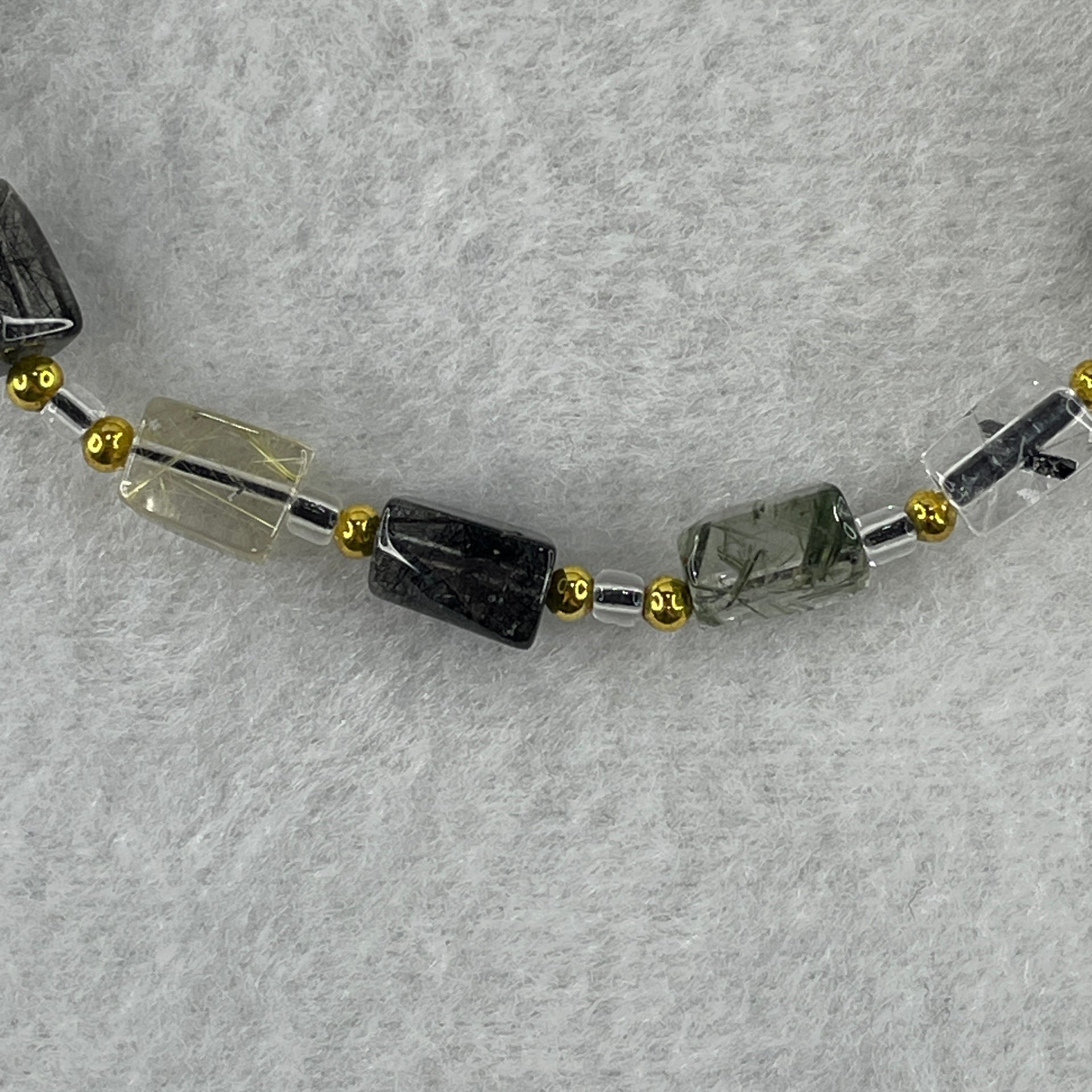 Natural Black with Gold and Green Rutilated Quartz Pebble Shape Beads Bracelet 11.91g 21cm 6.2mm 16Pcs - Huangs Jadeite and Jewelry Pte Ltd