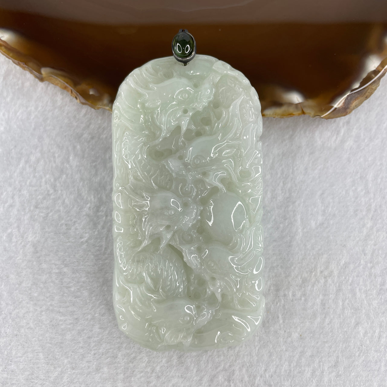 Natural Type A Light Green Faint Lavender Jadeite 9 Dragons Pendant in S925 Silver Clasp and Green Gemstone 101.62g 78.3 by 39.5 by 15.0mm