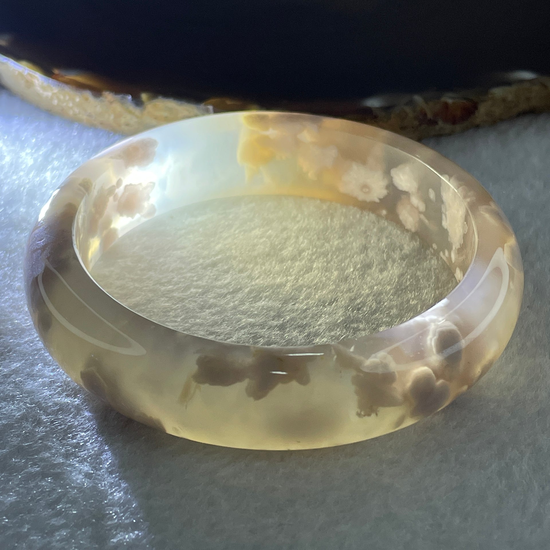 Natural Faint Pink Flower Agate Bangle 57.41g Internal Diameter 60.2mm 15.6 by 9.4mm (Perfect) - Huangs Jadeite and Jewelry Pte Ltd