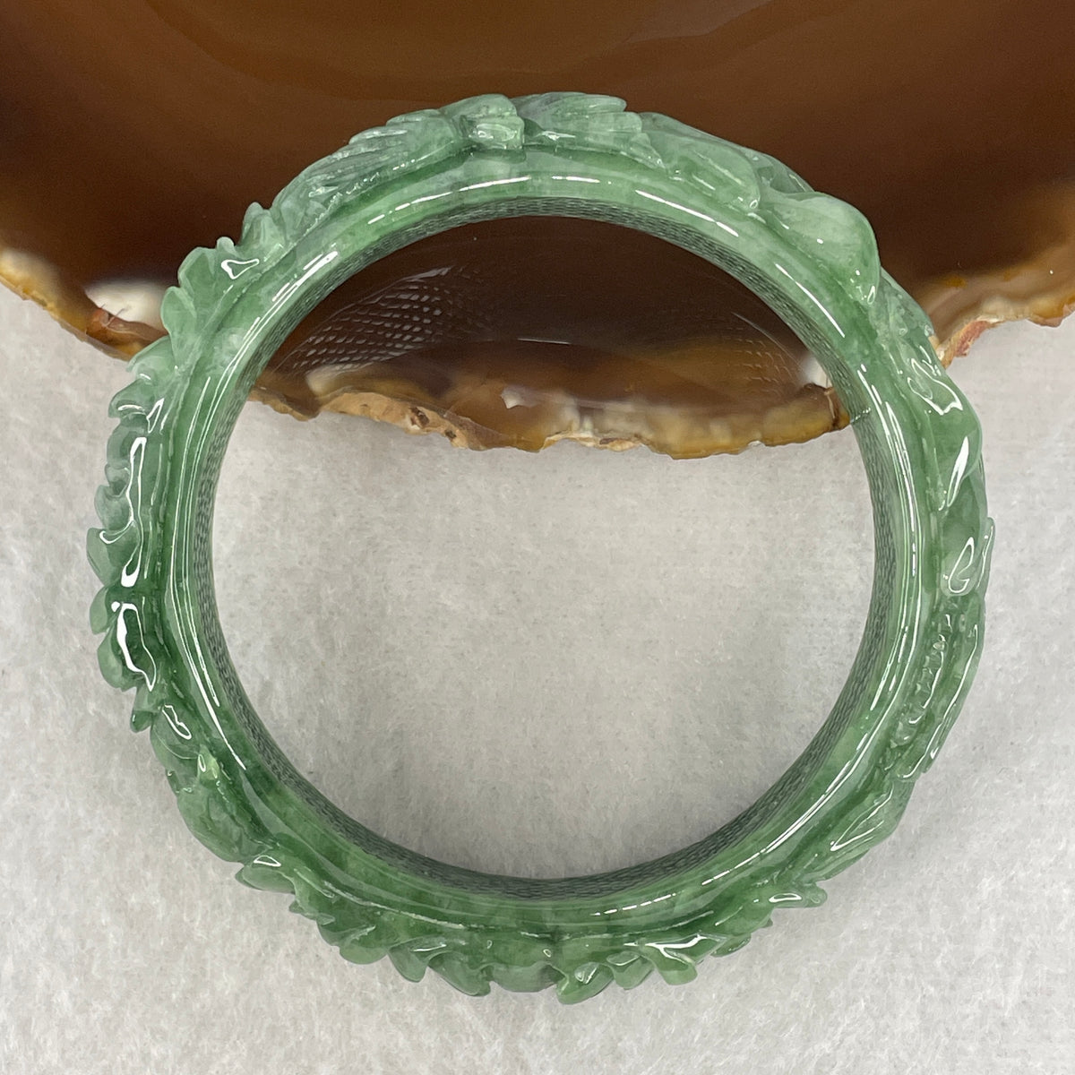 Natural Type A Jadeite Bangle | Carved Phoenix & Peony Flower Relief Blueish Green (54.37g | 54.1mm Inner Diameter | 14.3 x 9.0mm) (Internal Line)