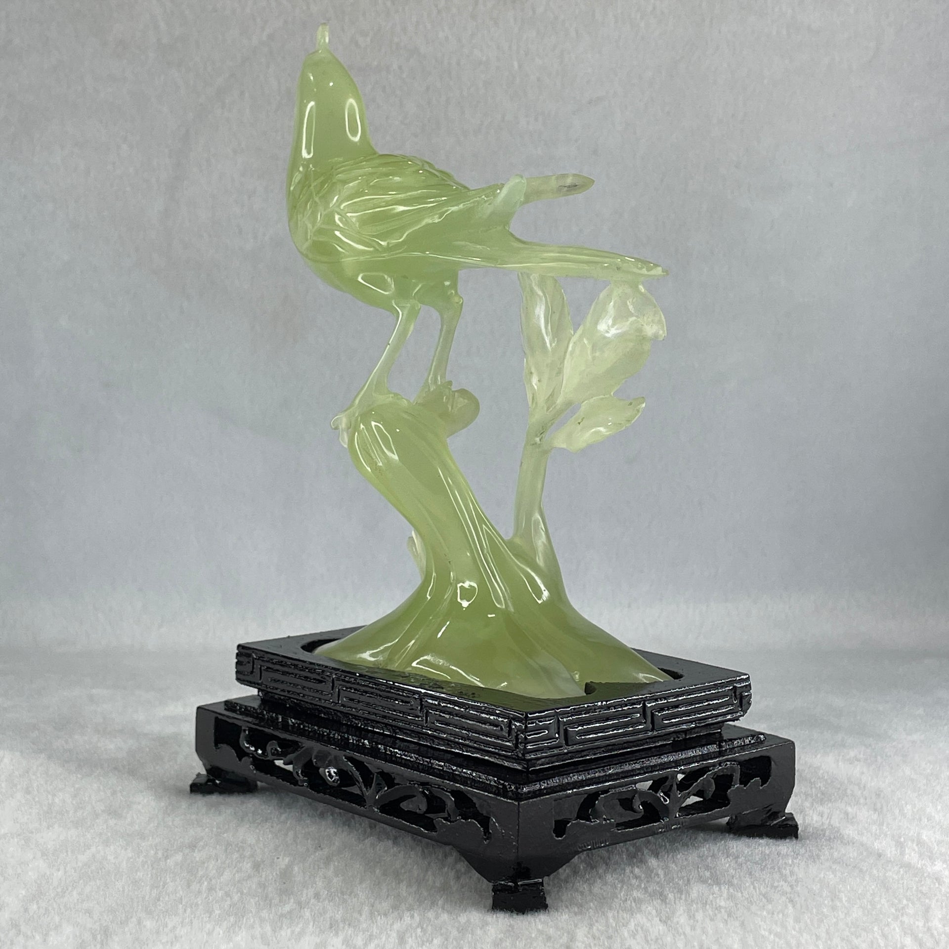 Natural Green Serpentine Javan Mynah Birds on Tree with Wooden Stand Display 338.9g 125.0 by 175.0 by 78.0mm - Huangs Jadeite and Jewelry Pte Ltd
