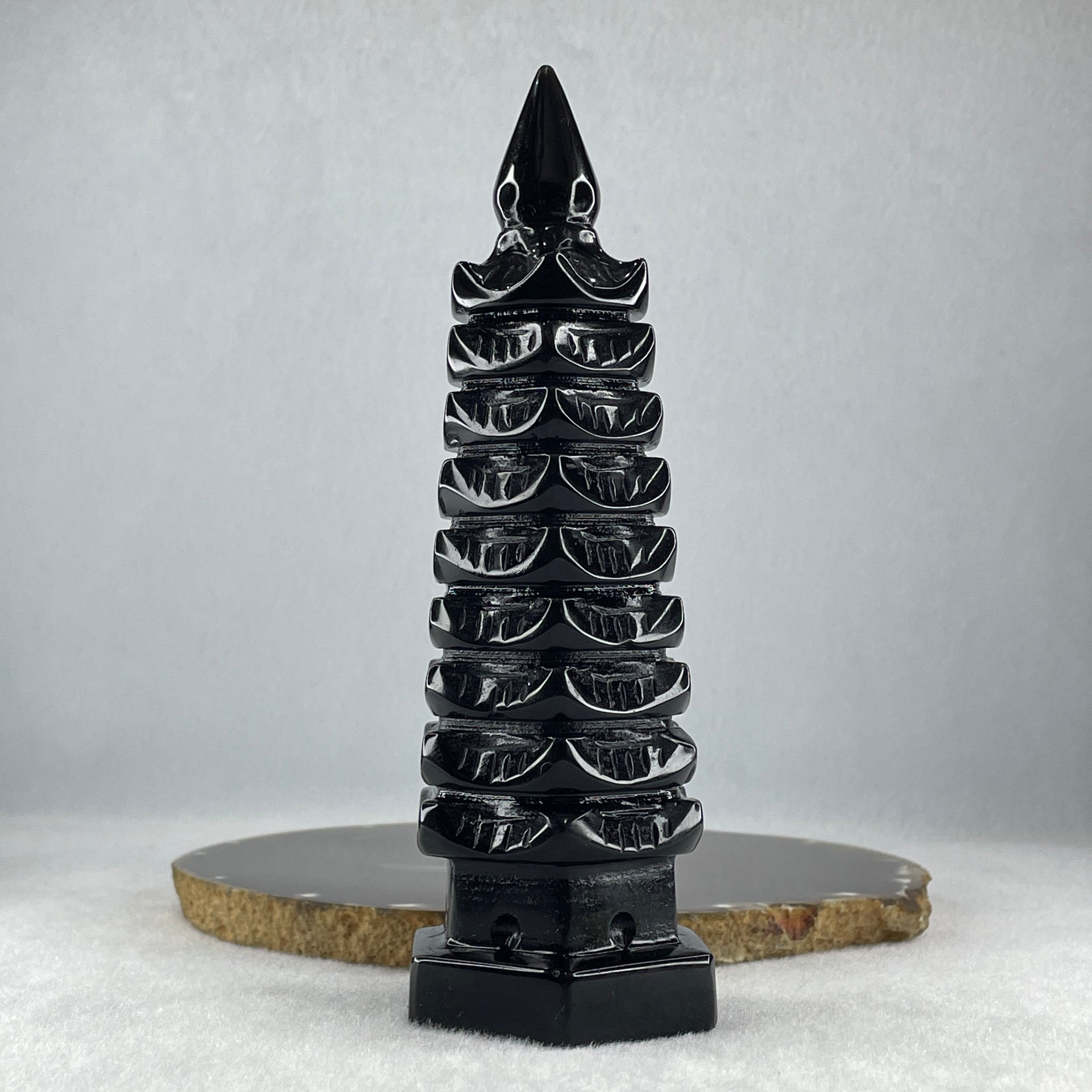 Black Obsidian Pagoda Display 396.8g 50.0 by 55.0 by 160.0mm - Huangs Jadeite and Jewelry Pte Ltd