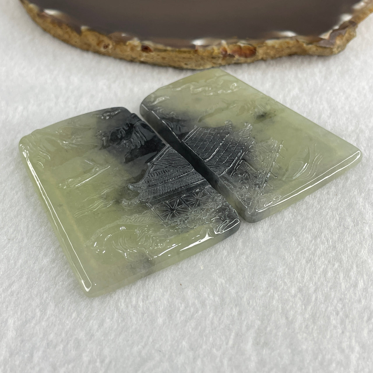 Natural Type A Semi Icy Green with Wuji Grey Jadeite Shan Shui Scenic Gui Ren Benefactor Pendant Pair 36.5g 64.7 by 43.2 by 5.8mm and 36.95g 64.7 by 43.7 by 6.0mm