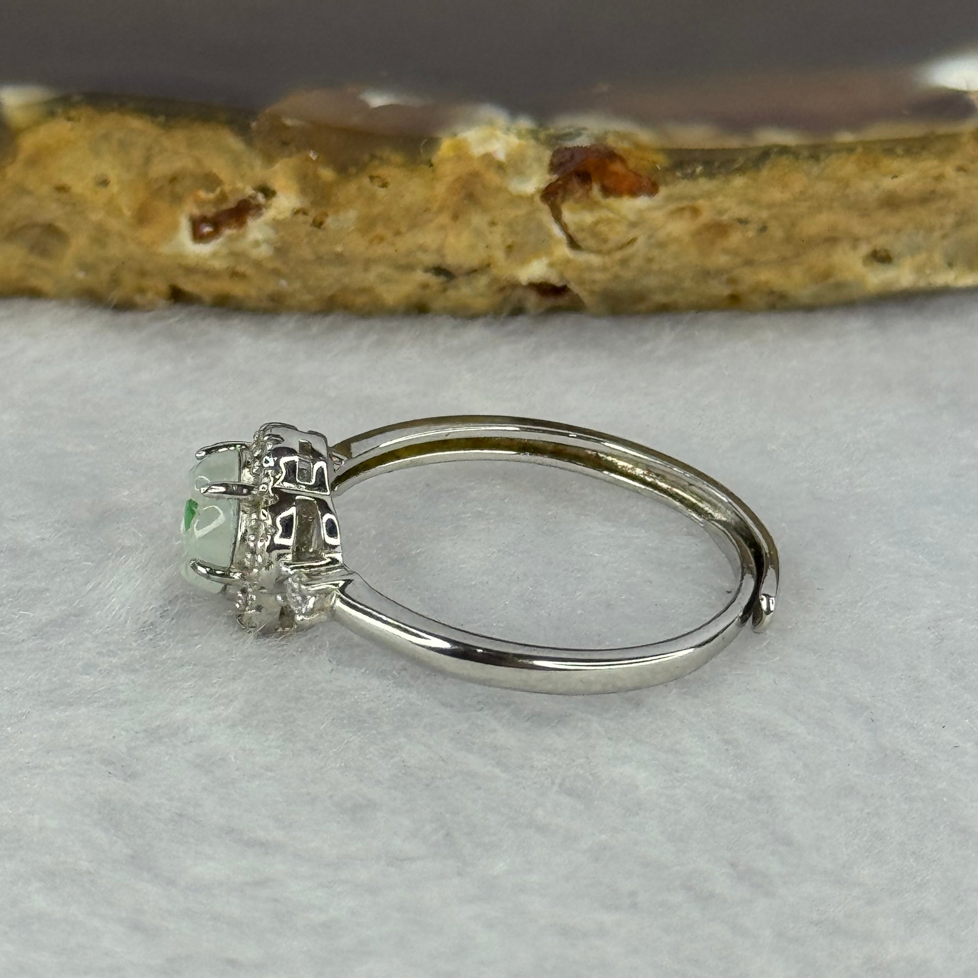 Type A Icy Light Green Jadeite Flower with Crystals in S925 Sliver Ring (Adjustable Size) 1.90g 6.0 by 2.5mm - Huangs Jadeite and Jewelry Pte Ltd