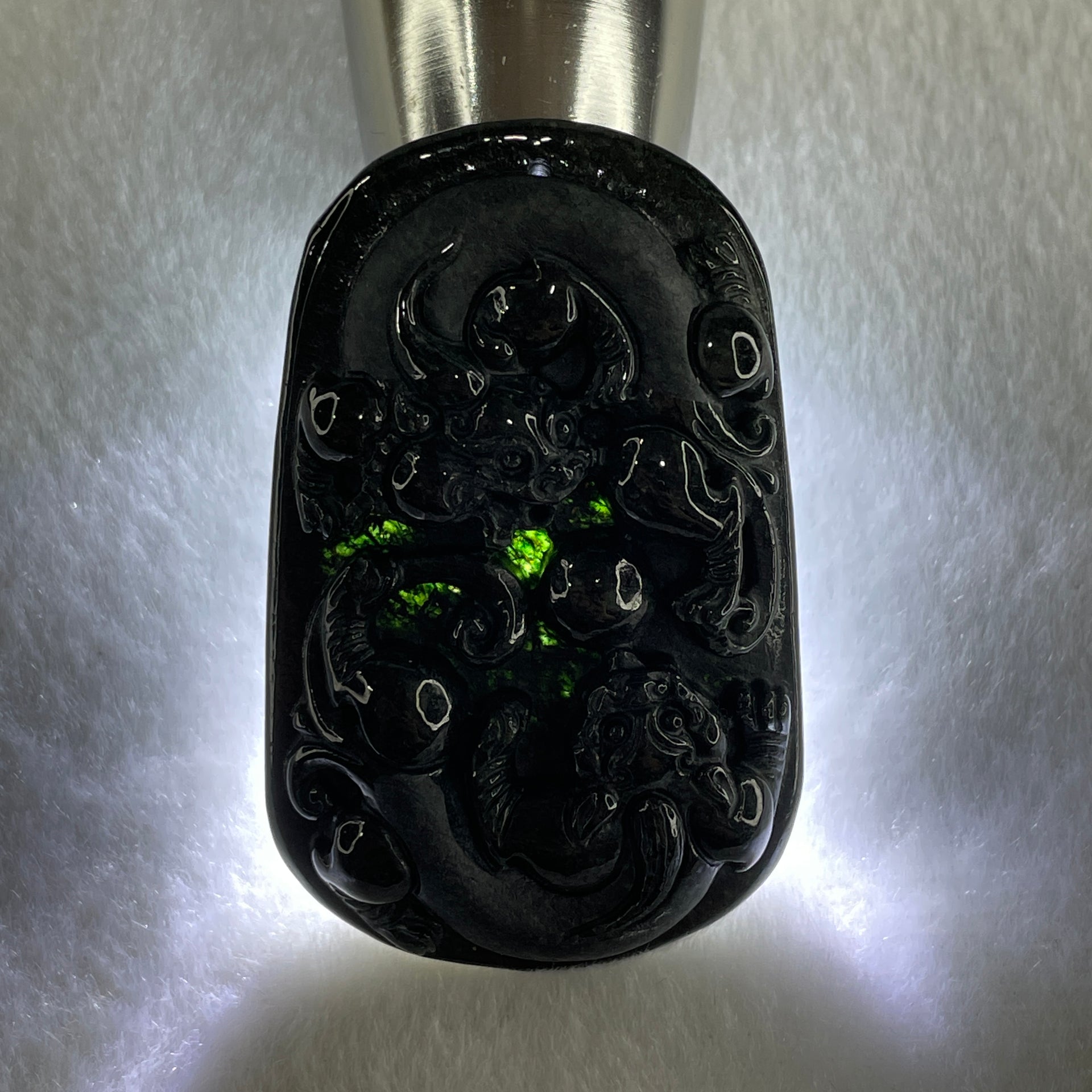 Type A Opaque to Partial Translucent Black Omphacite Jadeite Pixiu Pair Pendant 22.39g 54.7 by 34.8 by 8.8mm - Huangs Jadeite and Jewelry Pte Ltd
