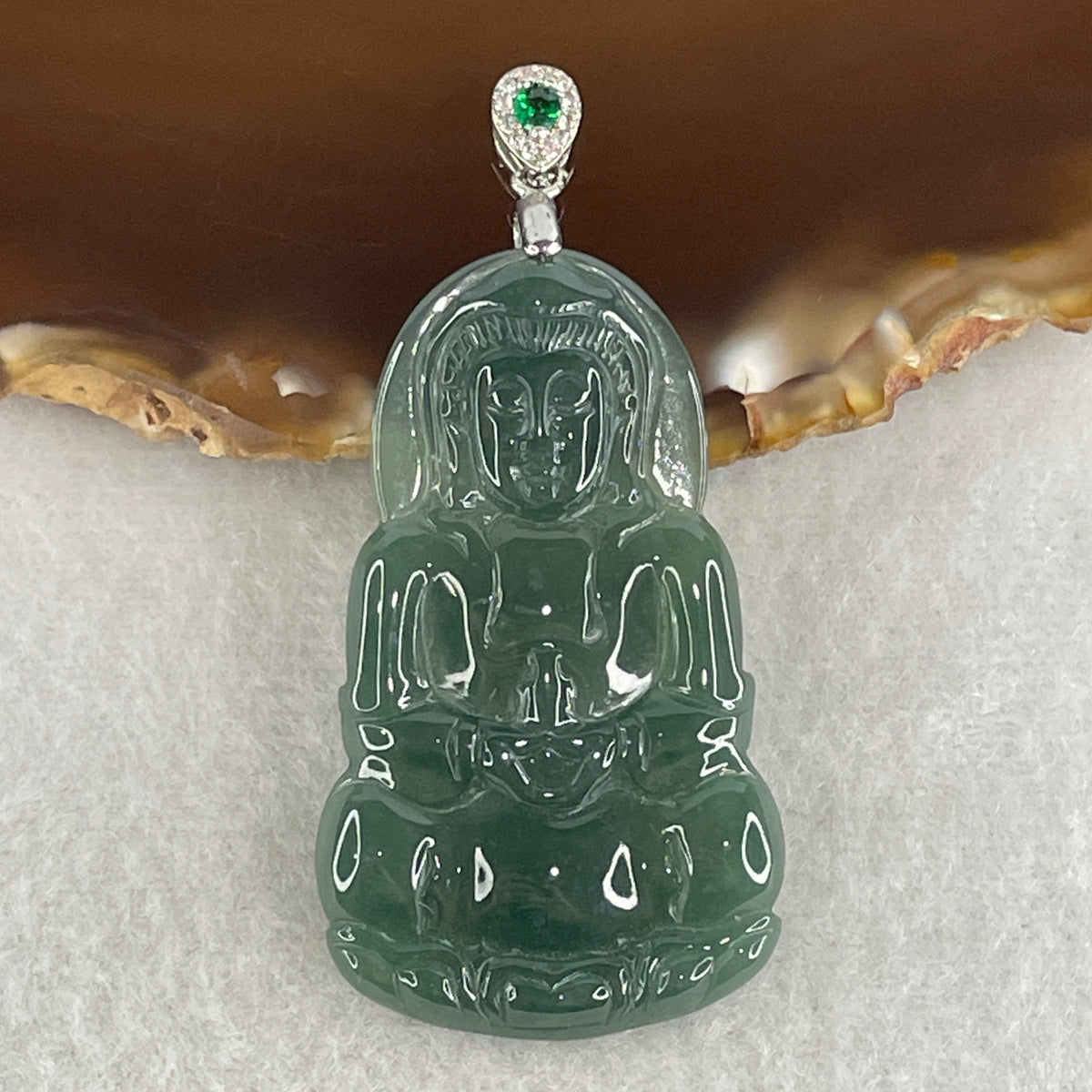 Natural Type A Icy Blueish Green Jadeite Amitabha Buddha Pendant in S925 Silver | (8.38g | 45.2 x 26.6 x 4.0mm | Infinite Light, Compassion & Lifelong Protection Anchor, Feng Shui Guardian & Executive Peace Pendant) - Huangs Jadeite and Jewelry Pte Ltd