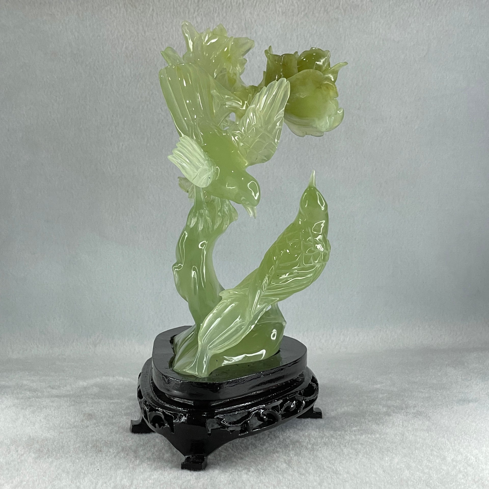 Natural Semi Icy Green Serpentine Double Magpie Birds on Flower Tree with Wooden Stand Display 641.5g 210.0 by 220.0 by 112.0mm - Huangs Jadeite and Jewelry Pte Ltd