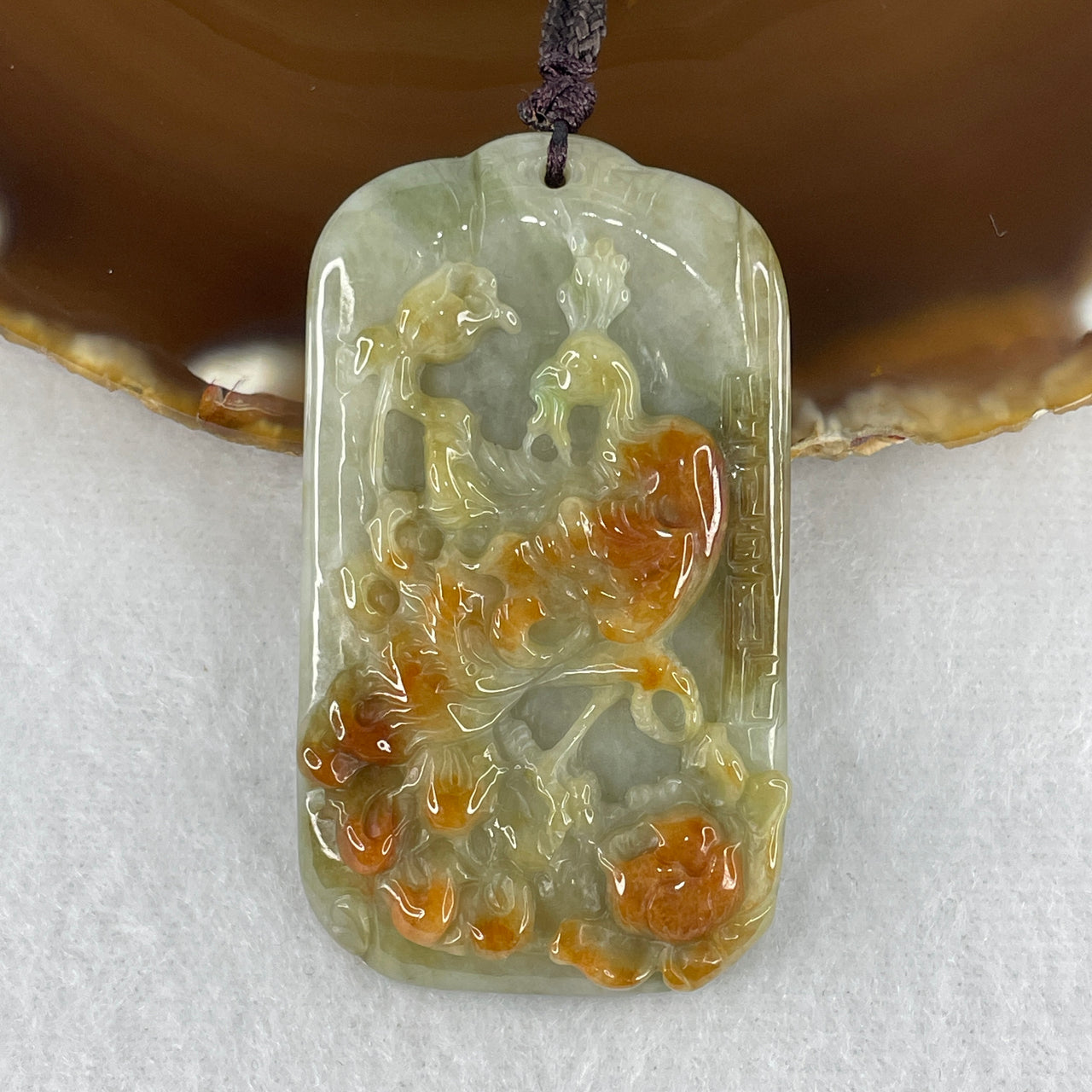 Natural Type A Green & Reddish Brown Jadeite Peacock on Flower Pendant | 100% Untreated Dual-Color Beauty & Royalty Motif | Statement Fei Cui Jade Pendant (25.62g | 56.5 × 32.3 × 7.0mm)