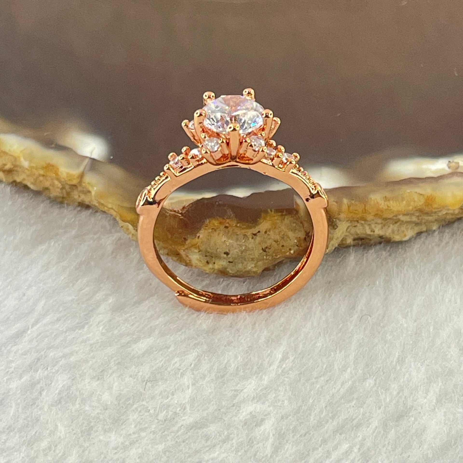 Colourless Cubic Zirconia with Crystals In PT950 Plated Sliver Rose Gold Color Ring (Adjustable Size) 2.44g 6.2 by 4.2mm - Huangs Jadeite and Jewelry Pte Ltd