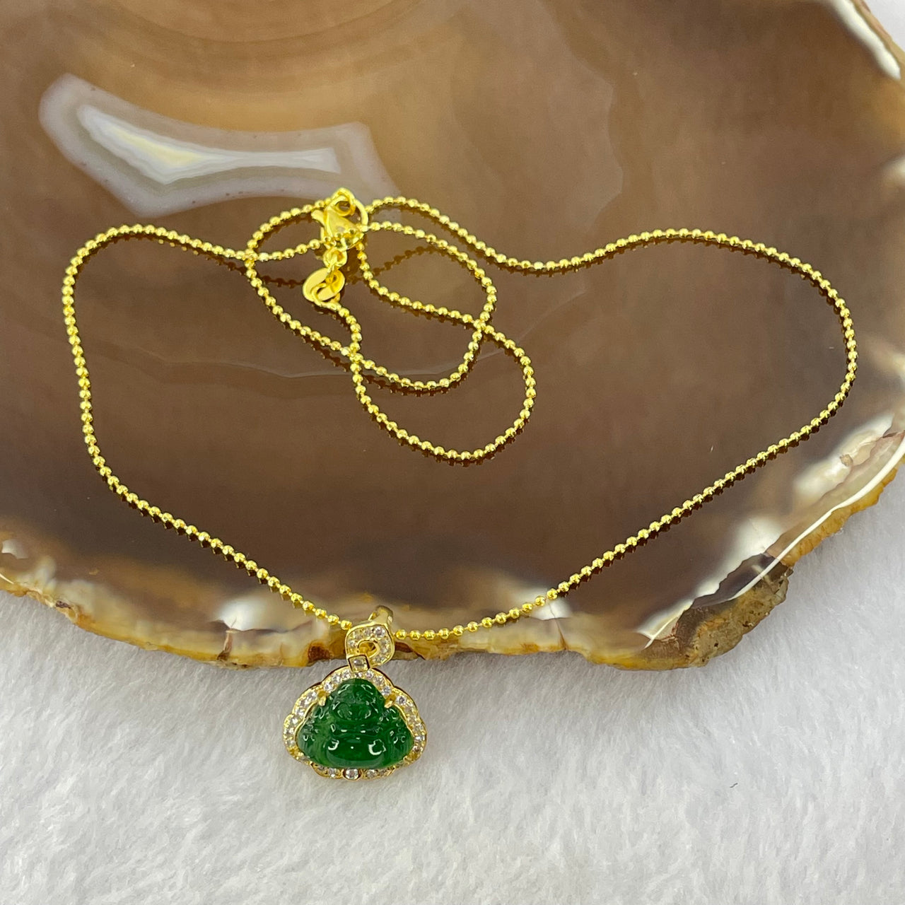 Type A Icy Green Omphasite Jadeite Milo Buddha with Crystals in Silver Gold Color Necklace 3.37g 9.8 by 12.4 by 3.0m - Huangs Jadeite and Jewelry Pte Ltd