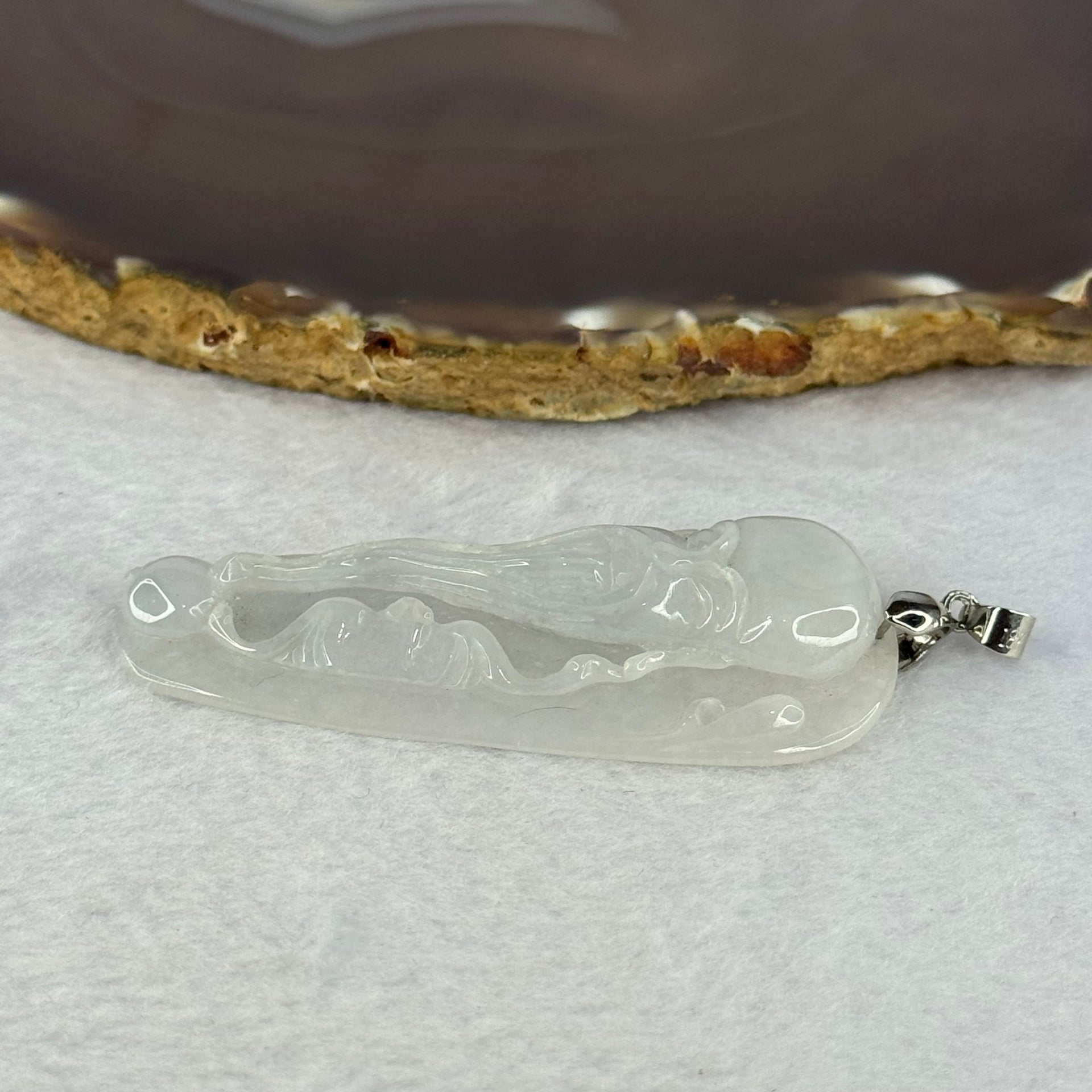 Type A Light Lavender Green Jadeite Shou Xing Gong Pendent With 18KGP Sliver Claps 24.08g 64.4 by 29.3 by 9.8mm - Huangs Jadeite and Jewelry Pte Ltd