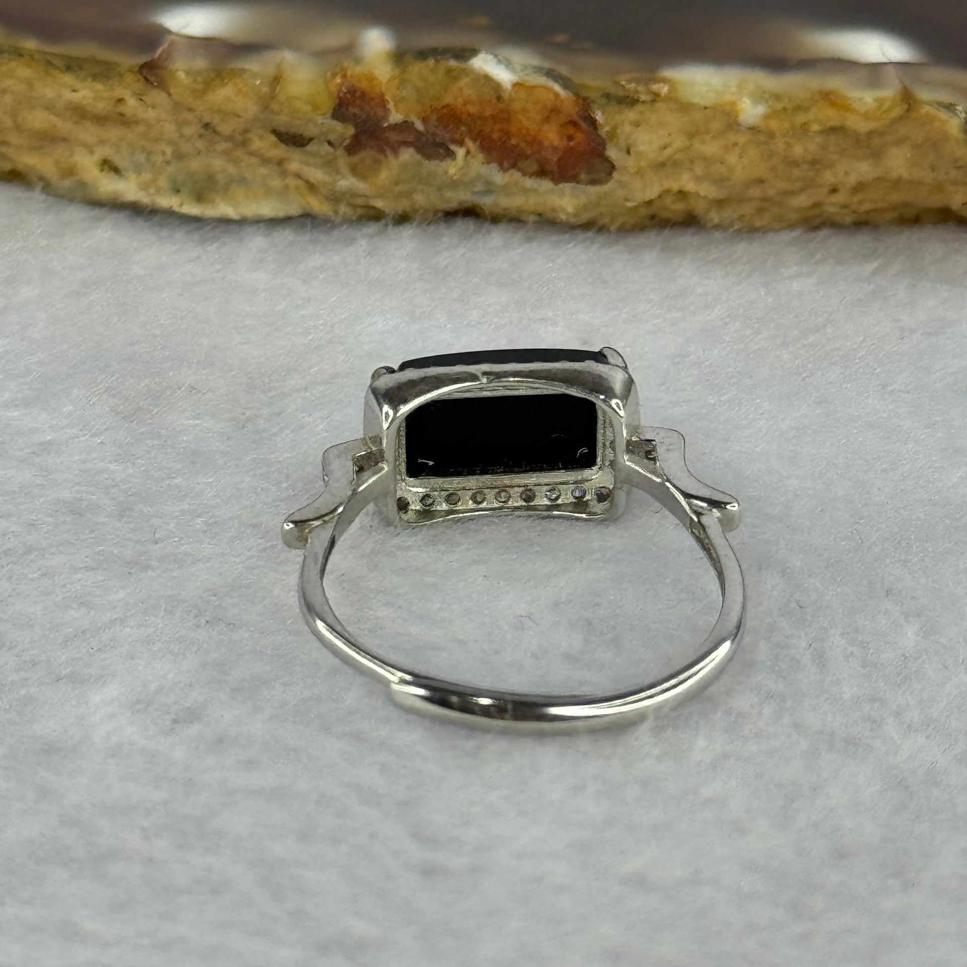 Type A Translucent Black Omphasite Jadeite with Crystals in S925 Sliver Ring (Adjustable Size) 2.00g 11.1 by 6.1 by 3.0mm - Huangs Jadeite and Jewelry Pte Ltd