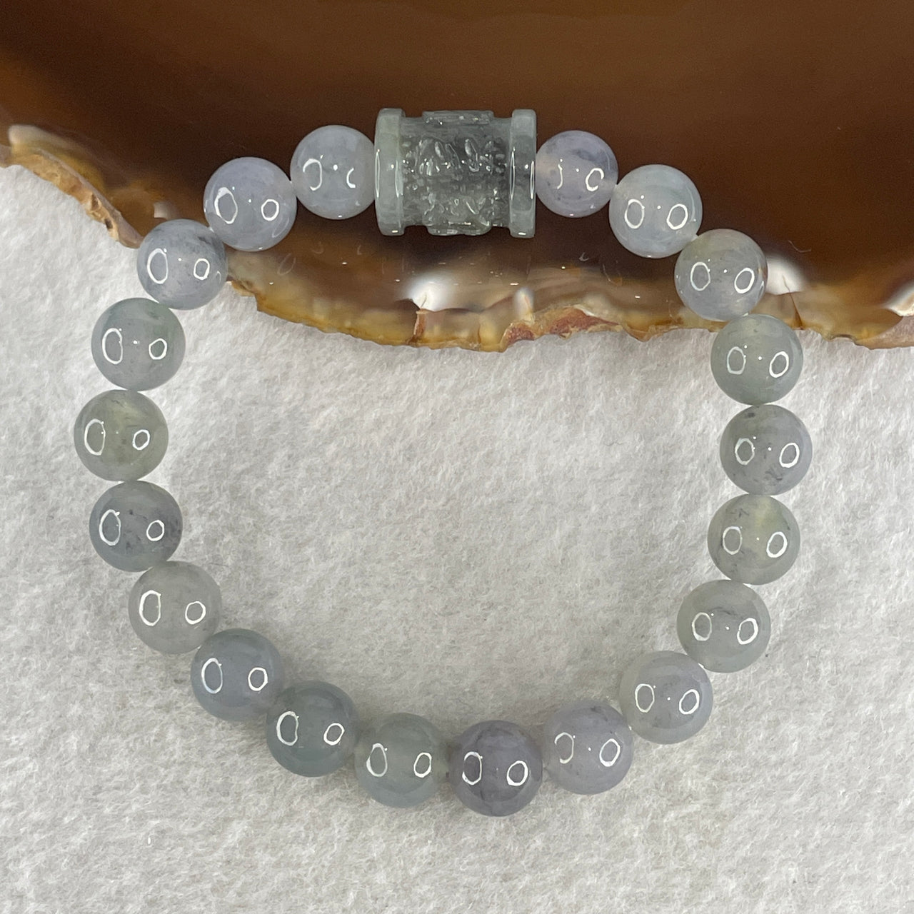 Certified Natural Type A Semi icy Wuyji Grey Jadeite Beads with Lulutong Charm Bracelet 25.45g 15cm 8.4mm 20 Beads - 14.5 by 11.8mm Lulutong - Huangs Jadeite and Jewelry Pte Ltd
