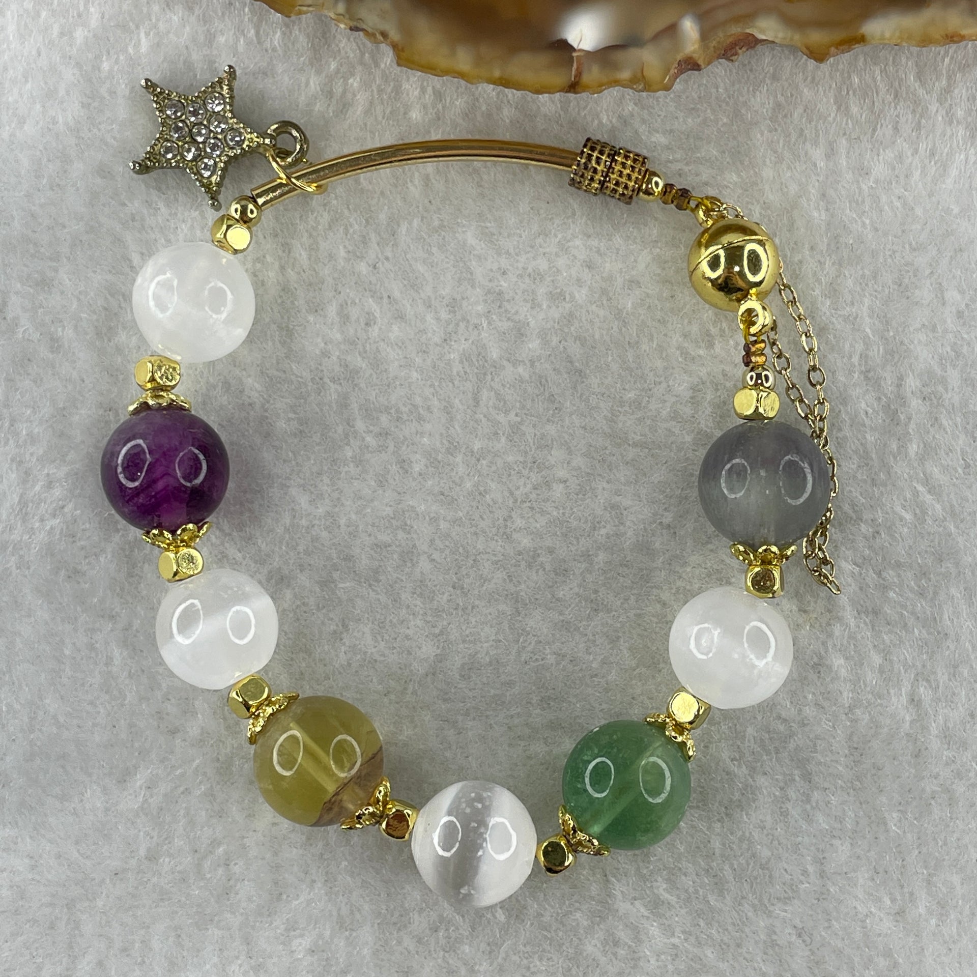 Natural Selenite with Yellow Green Grey Purple Fluorite Beads Bracelet 20.40g 11.0mm 8Beads 15cm - Huangs Jadeite and Jewelry Pte Ltd