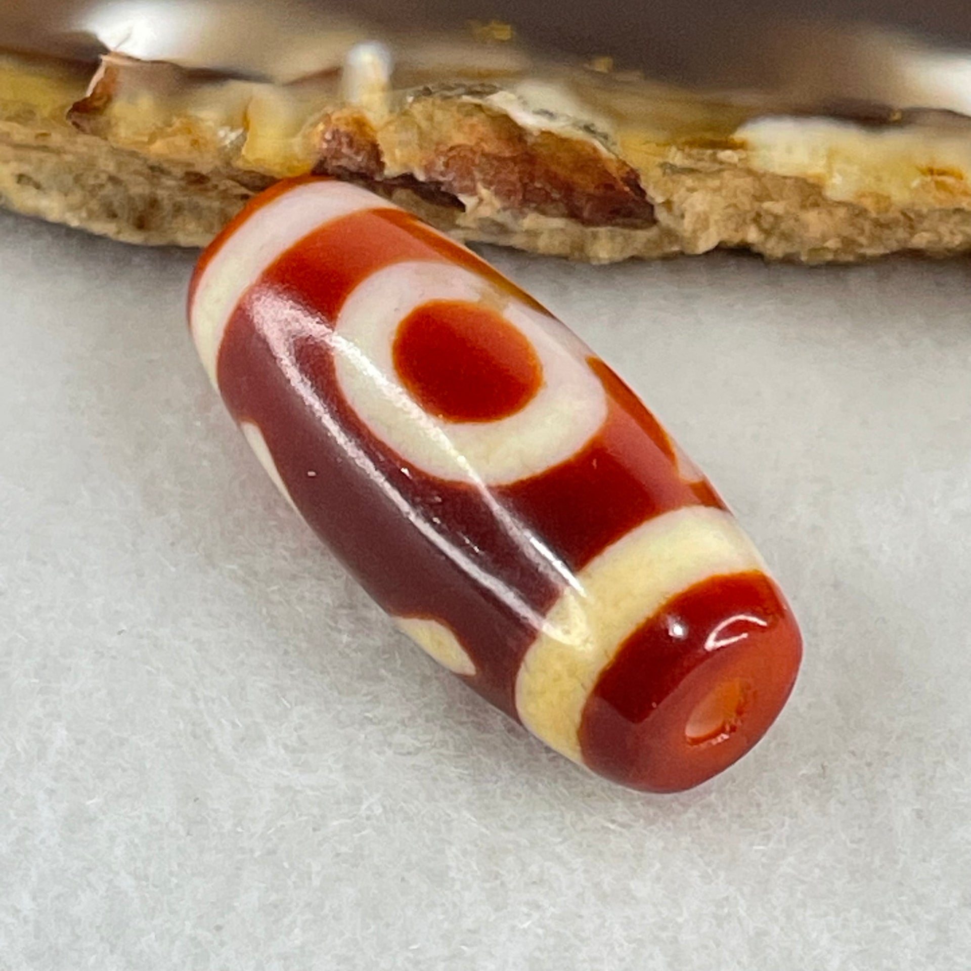 Natural Powerful Tibetan Old Oily Red White Agate Patina Guiren Tairen Human Benefactor Dzi Bead Heavenly Master (Tian Zhu) 贵人天珠 6.21g 28.3 by 12.1mm - Huangs Jadeite and Jewelry Pte Ltd