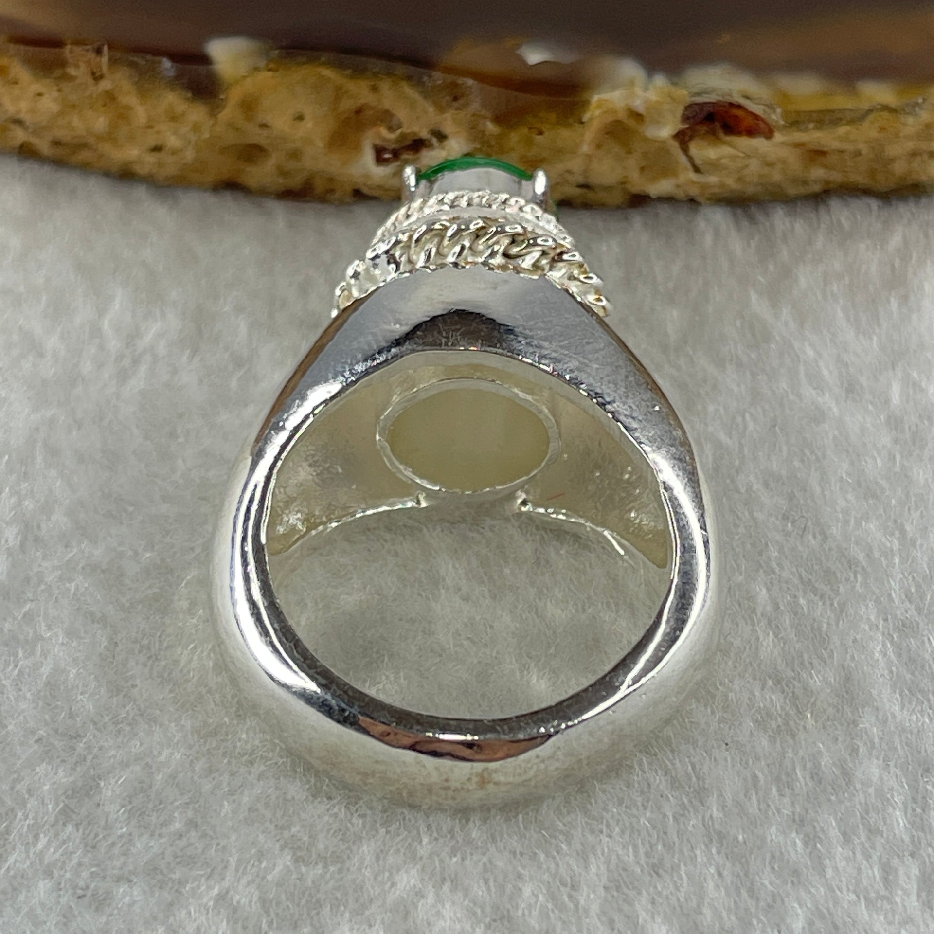 Type A Natural Old Mine Green Jadeite Cabochon 6.8 by 8.5 by 3.0mm Stone for Setting 14.03g (On Silver Ring Mold) US 7.5 HK 16.5 - Huangs Jadeite and Jewelry Pte Ltd