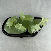 Natural Green Serpentine 3 Goat on Grassland with Wooden Stand Display 913.3g 215.0  by 102.2 by 130.0mm - Huangs Jadeite and Jewelry Pte Ltd