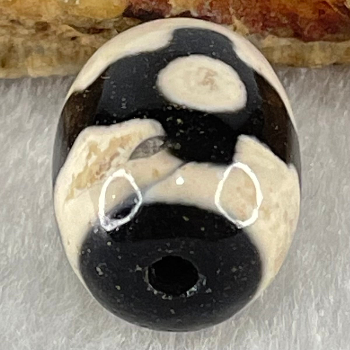Natural Powerful Tibetan Old Oily Dark Brown With White Agate 3 Eyes Dzi Bead Heavenly Master (Tian Zhu) 三眼天诛 4.90g 17.8 by 13.5mm - Huangs Jadeite and Jewelry Pte Ltd