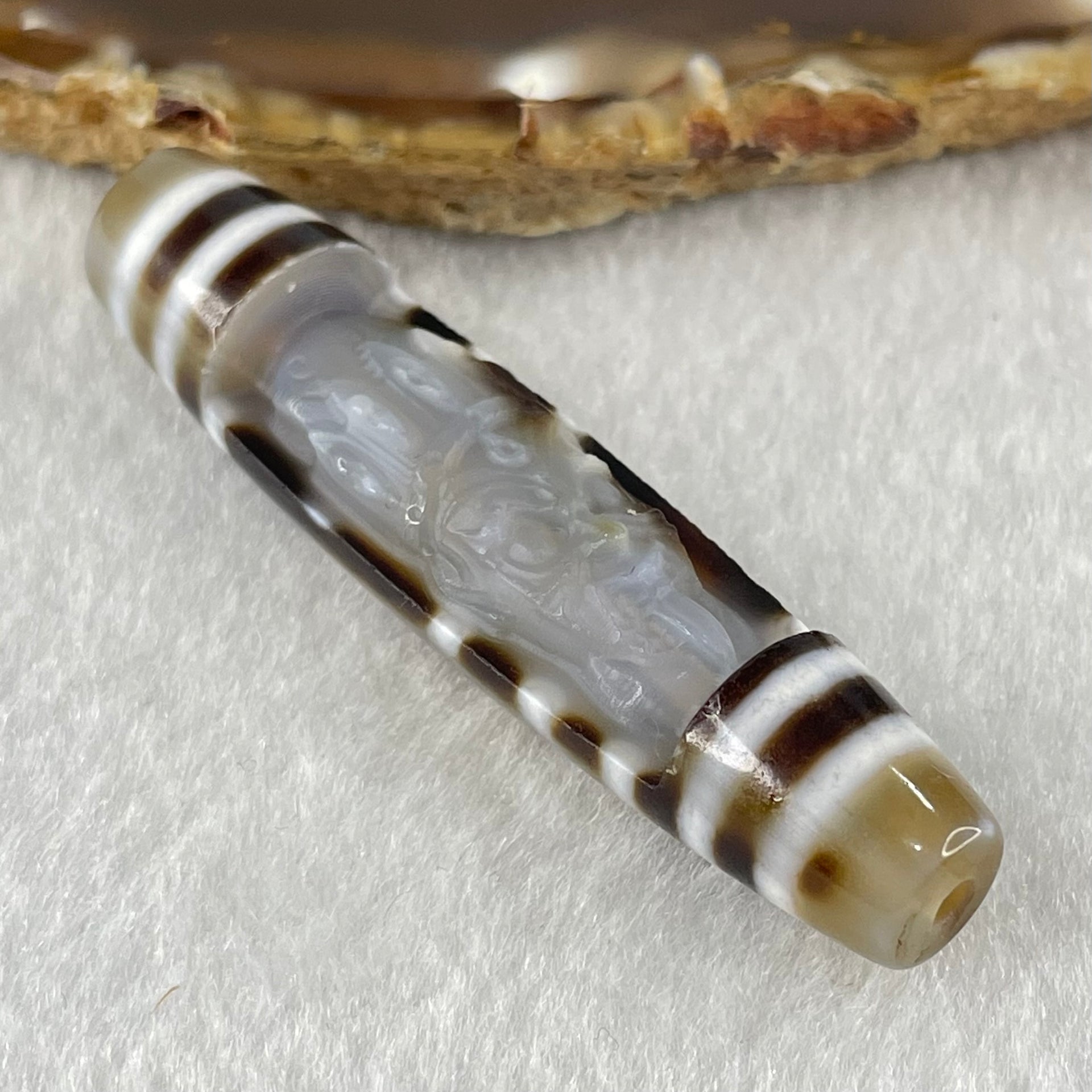 Natural Powerful Tibetan Old Oily Agate 2 Eye with Zha Ji La Mu Female Cai Shen Carvings Dzi Bead Heavenly Master (Tian Zhu) 两眼扎基拉姆女财神天诛 13.65g 57.7 by 13.5mm - Huangs Jadeite and Jewelry Pte Ltd