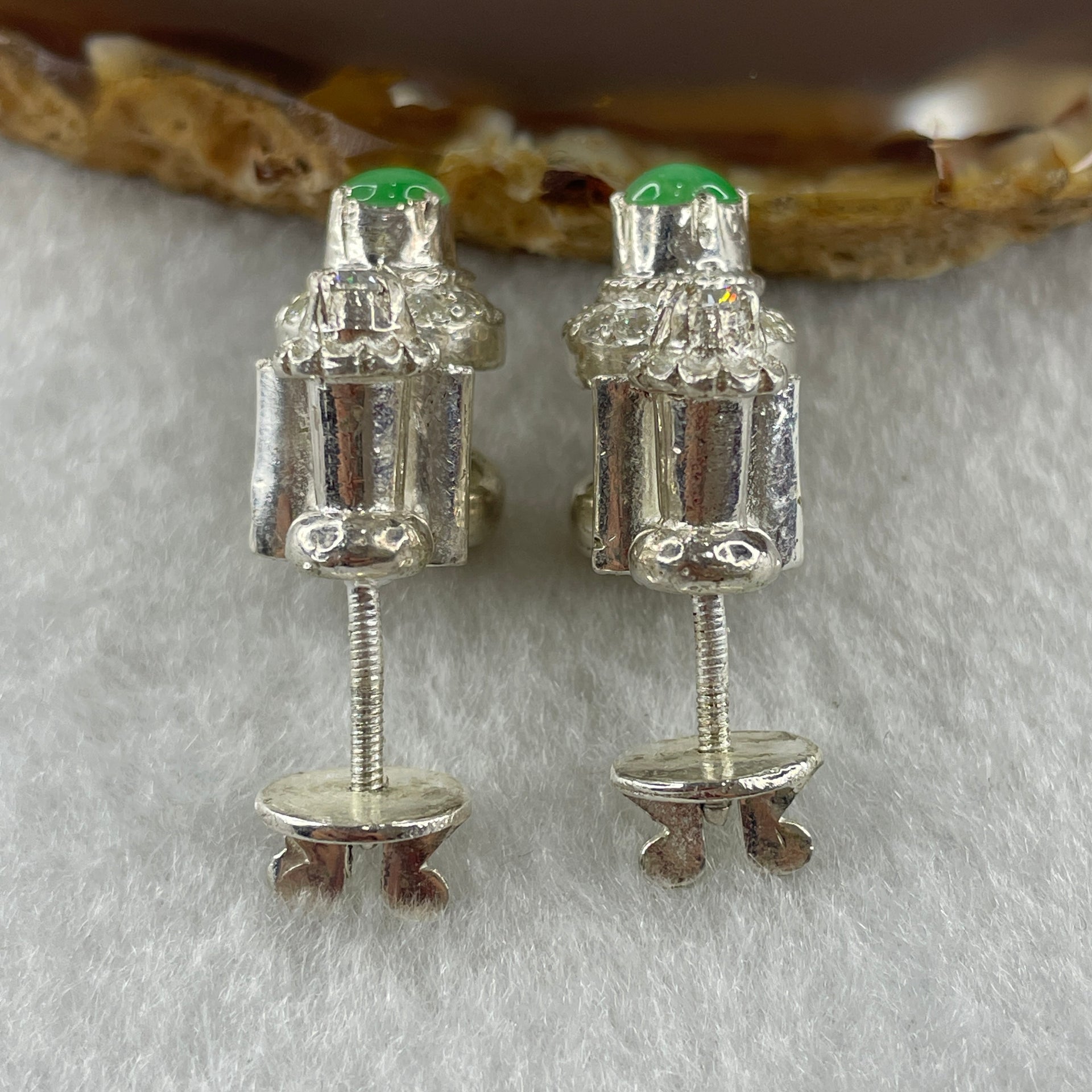 Type A Natural Semi Icy Green Jadeite Cabochon 6.2 by 5.5 by 2.5m Stone for Setting 22.45g (On Silver Earrings Mold) - Huangs Jadeite and Jewelry Pte Ltd