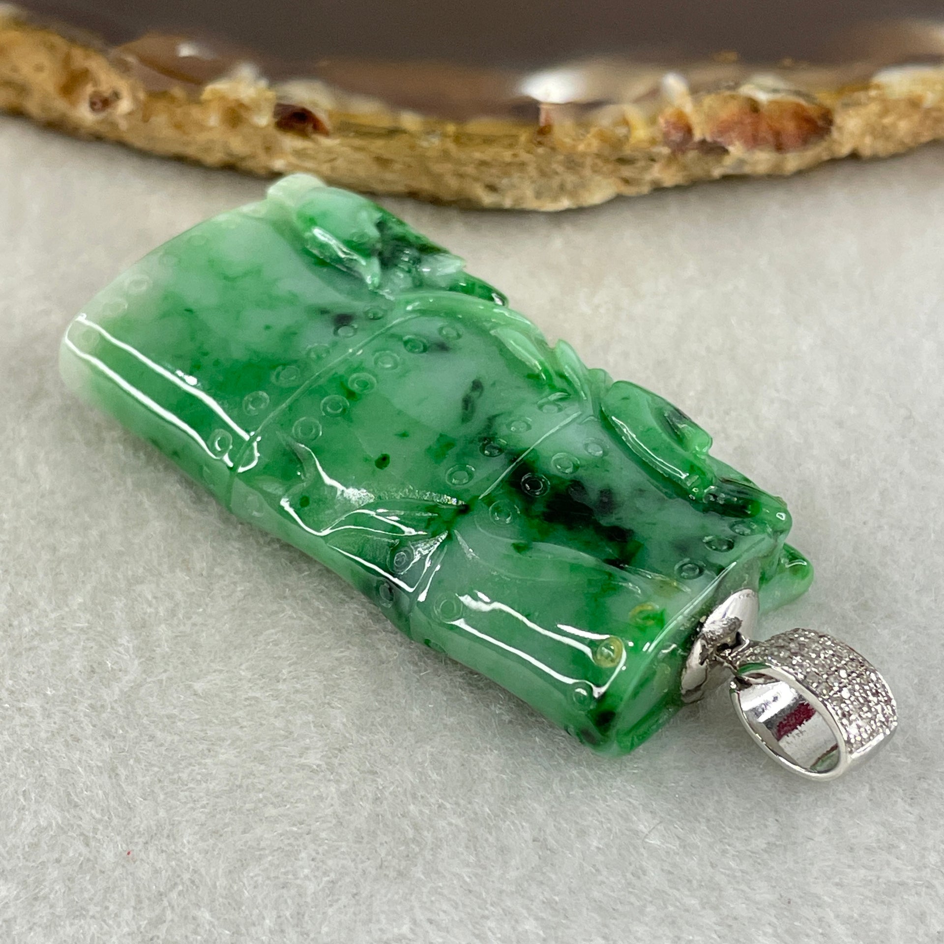 Antique Natural Type A Translucent Light Green with Old Mine Spicy Green and Dark Green Piao Hua Jadeite Bamboo and Twin Birds approx. 46.97 by 26.74 by 9.64mm in 18K White Gold and Natural Diamond Pendant 34.95g (108.66cts) BIG Cert. B010996 - Huangs Jadeite and Jewelry Pte Ltd