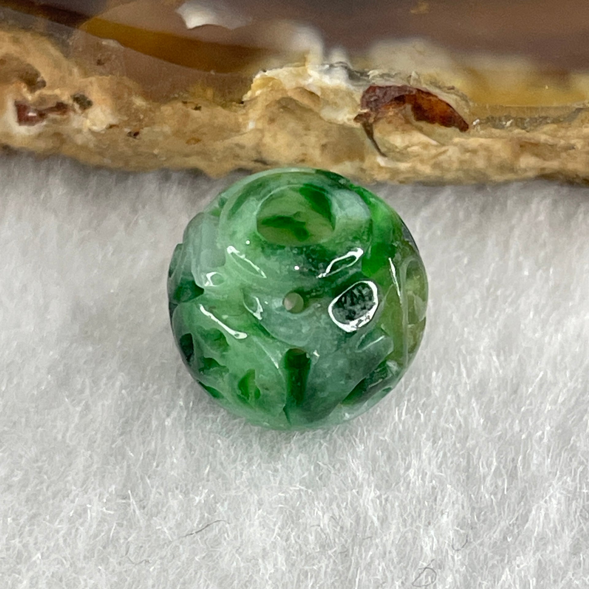 Natural Type A Lao Keng Old Mine Green with Light Green Jadeite Flora Carving Bead Charm 1.44g 11.4mm - Huangs Jadeite and Jewelry Pte Ltd