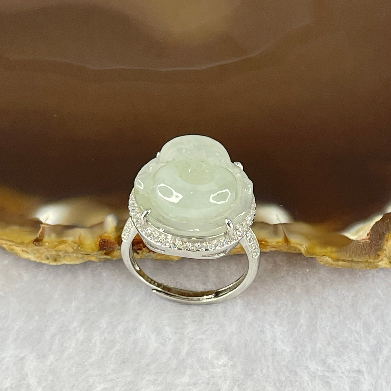 Type A Faint Lavender Green Jadeite Milo Buddha in S925 Ring (Adjustable Size) 5.80g 16.5 by 16.5 by 7.0mm - Huangs Jadeite and Jewelry Pte Ltd