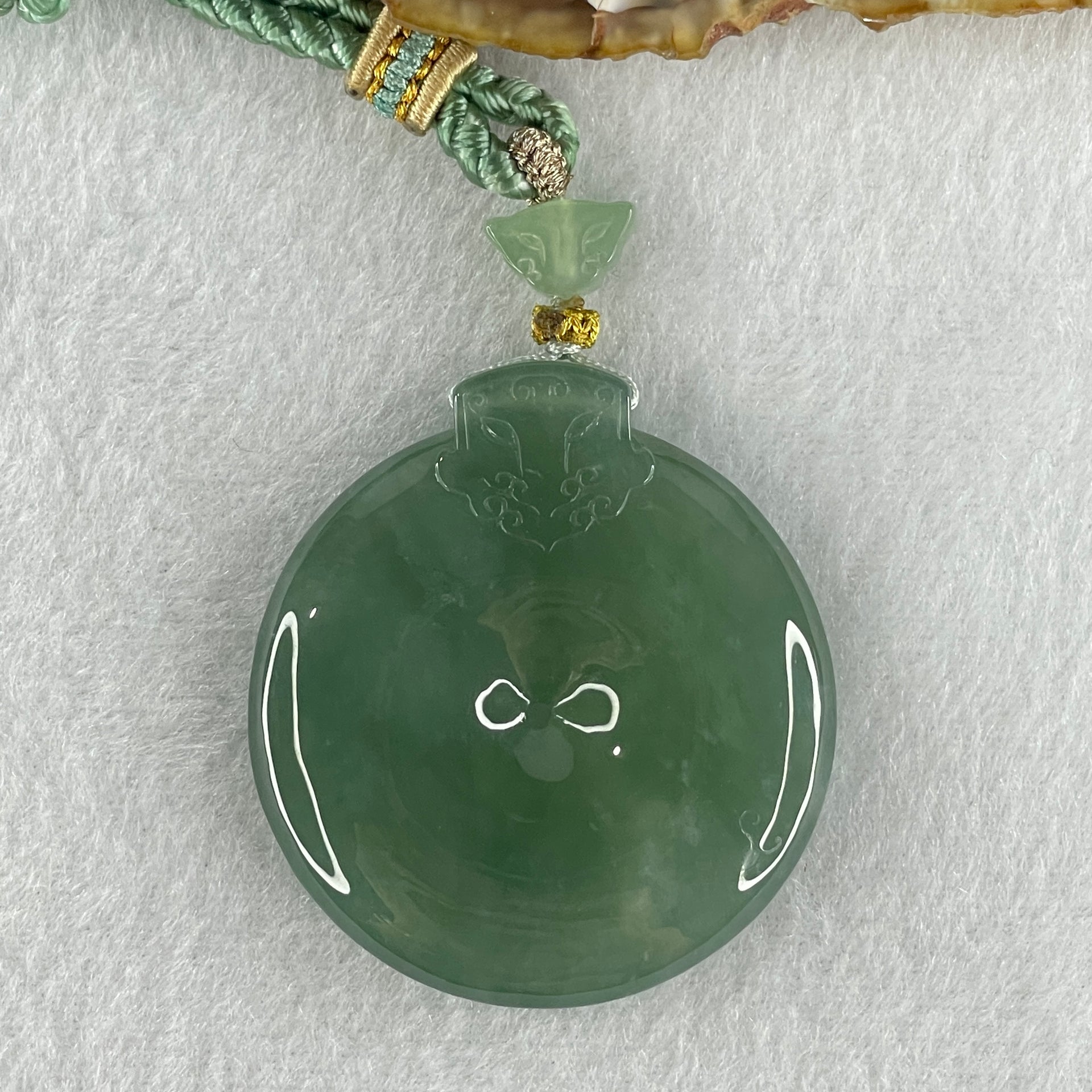 Gold Award Grand Master Type A Icy Bluesish Green Ping An Kou with Mystical Beast Jadeite Pendant 35.90g 43.8 by 8.0mm - Huangs Jadeite and Jewelry Pte Ltd