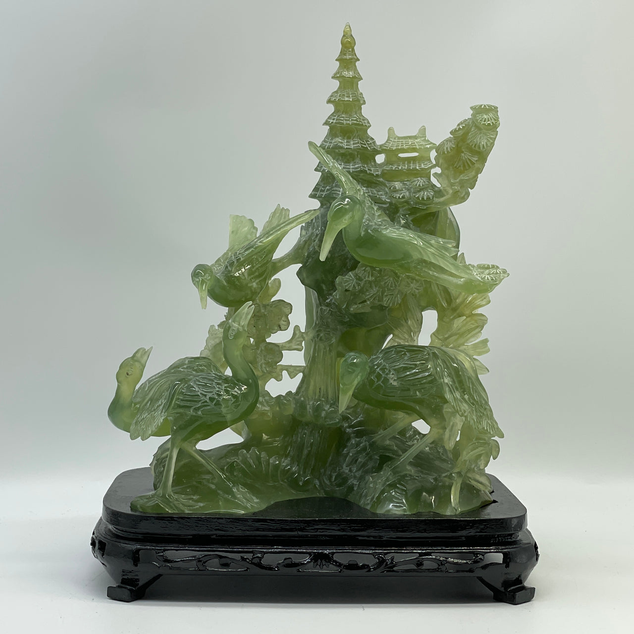 Natural Semi Icy Green Serpentine 5 Crane on Bamboo Shot and Pagoda with Wooden Stand Display 2,750.3g 226.0 by 166.0 by 285.0mm
