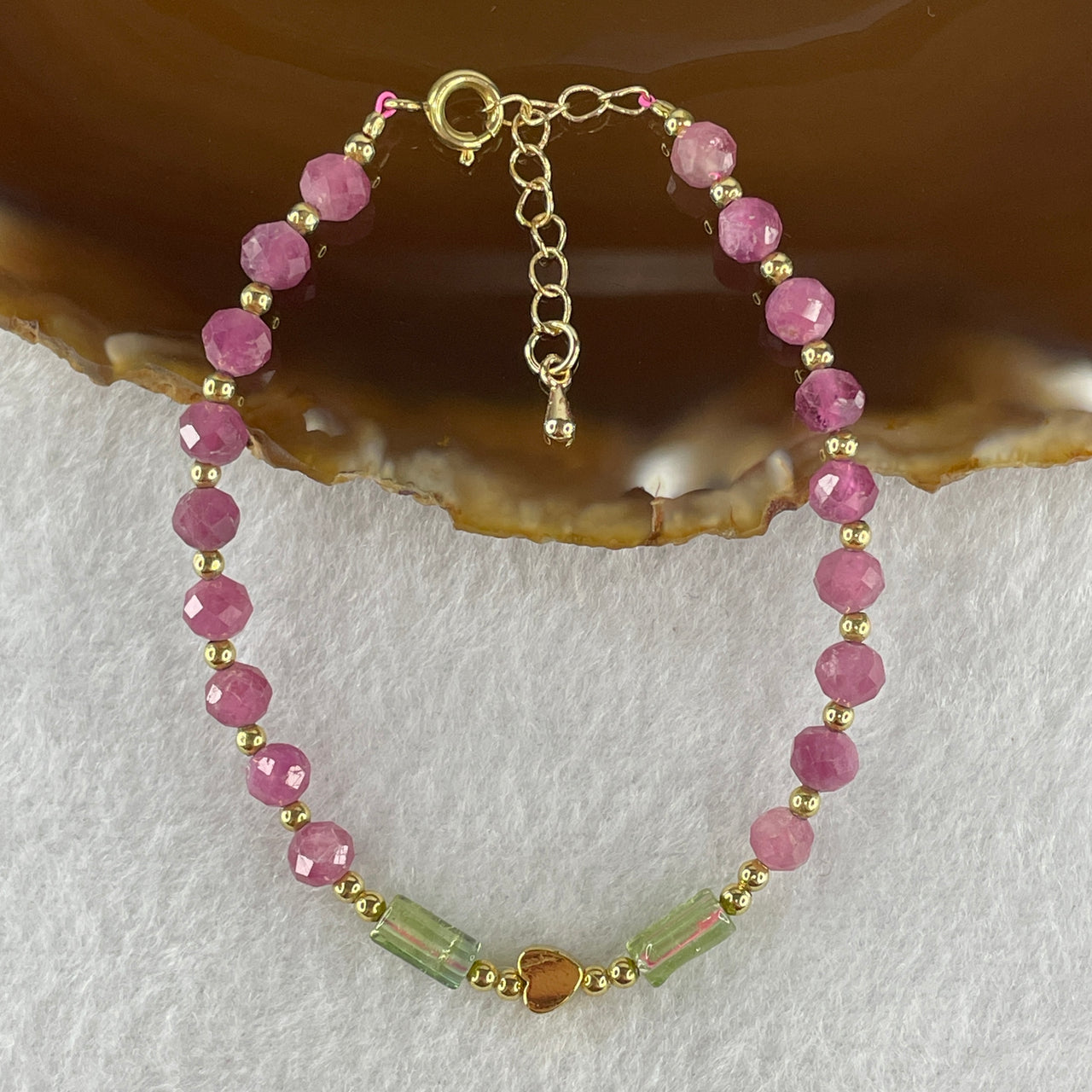 Natural Watermelon Tourmaline Crystal Beads with Charm Bracelet 5.23g 16.5cm 5.2mm 18Beads