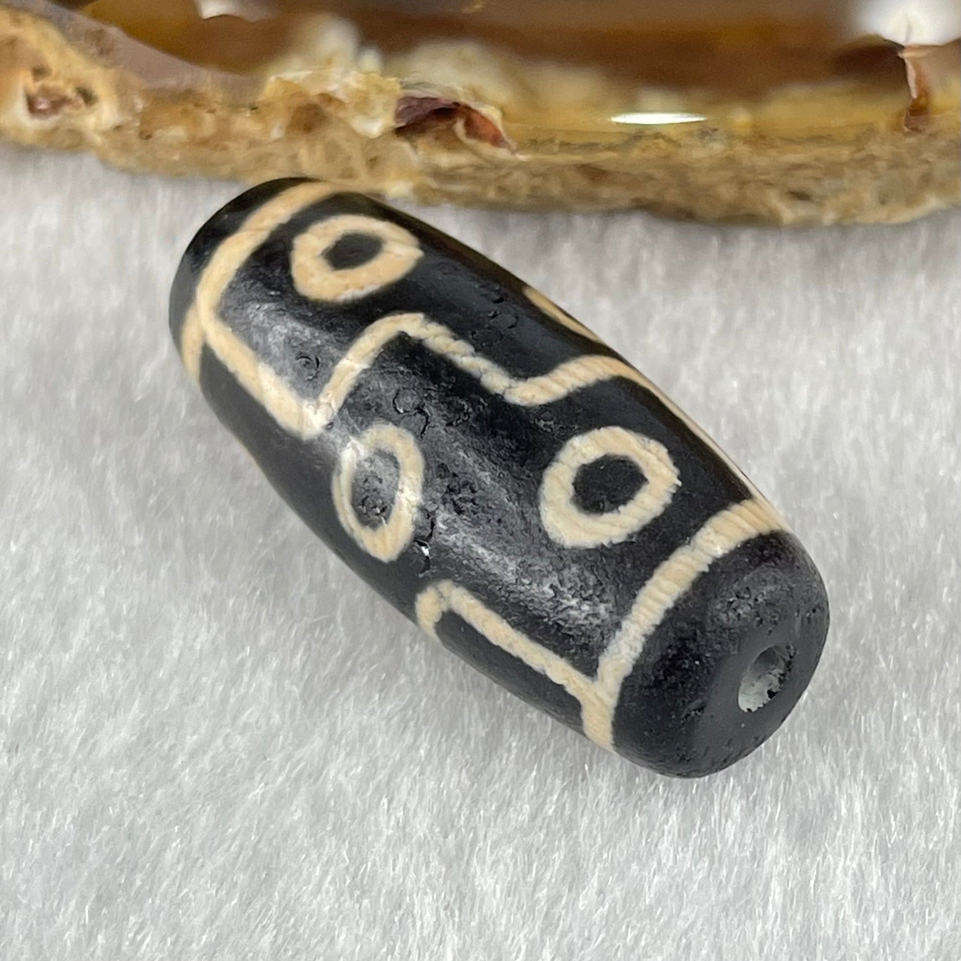 Natural Powerful Tibetan Old Oily Dark Brown with Yellowish White Agate 9 Eyes Dzi Bead Heavenly Master (Tian Zhu) 九眼天诛 6.62g 28.0 by 12.4mm - Huangs Jadeite and Jewelry Pte Ltd