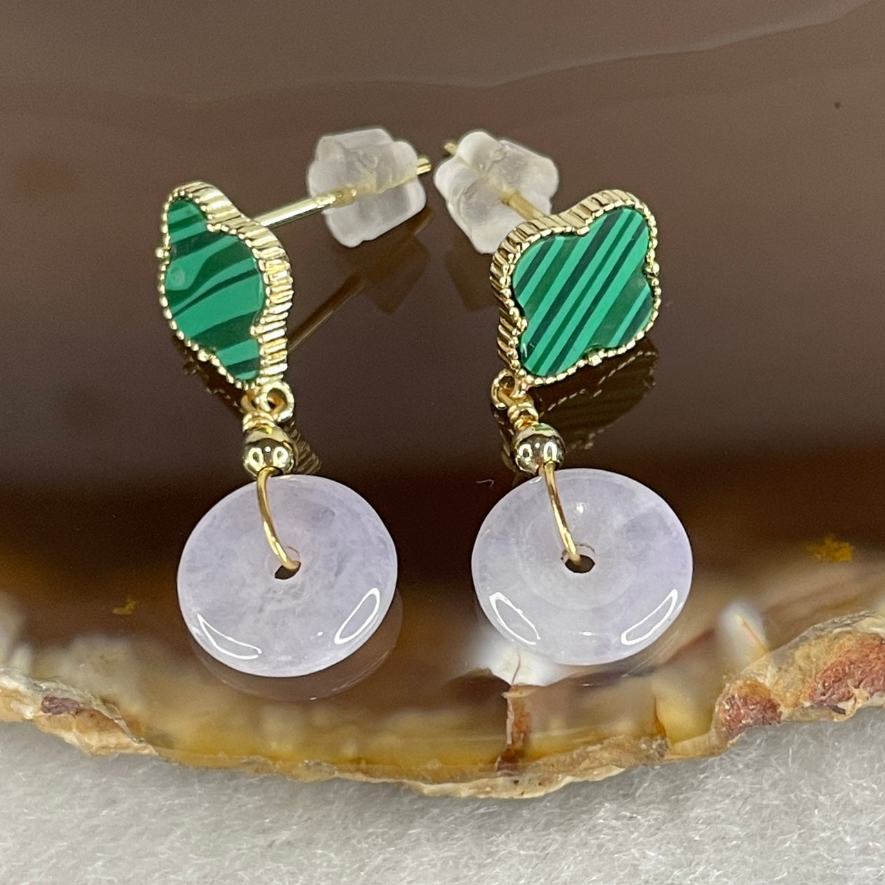 Natural Type A Light Lavender Jadeite & Malachite Earrings | Gold Color Ping An Kou Donut & Four Leaf Clover Dangling Earrings (1.81g 8.7x1.2mm)
